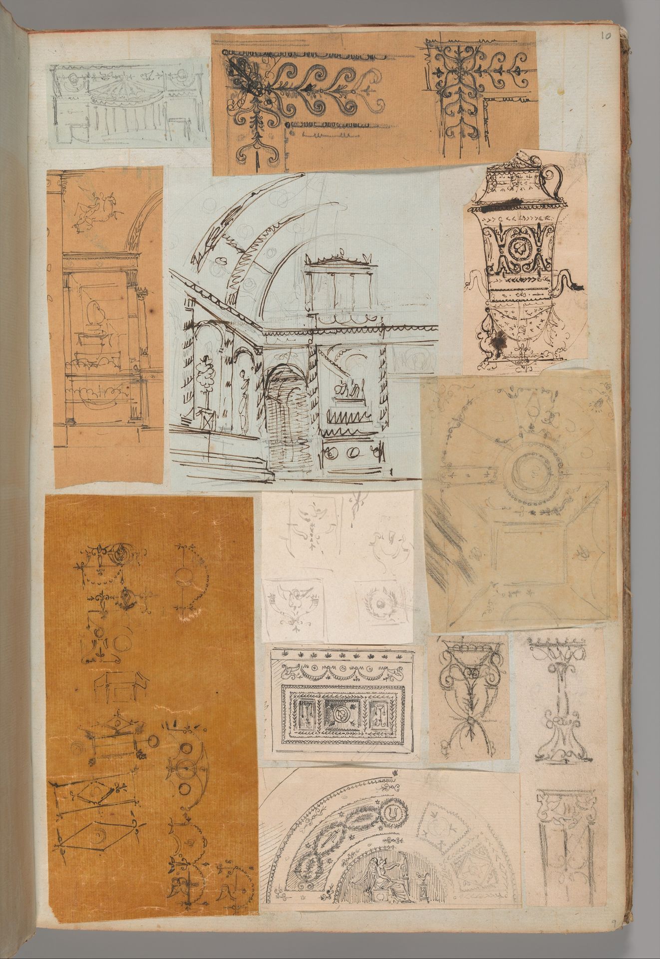 Page from a Scrapbook containing Drawings and Several Prints of Architecture, Interiors, Furniture and Other Objects by Charles Percier