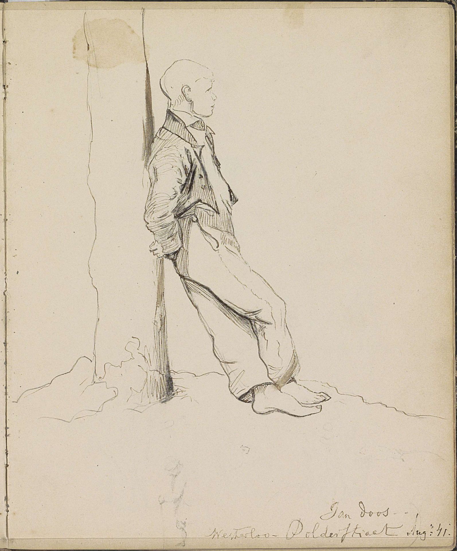 Jan Doos, leunend tegen een boomstam by Johannes Tavenraat