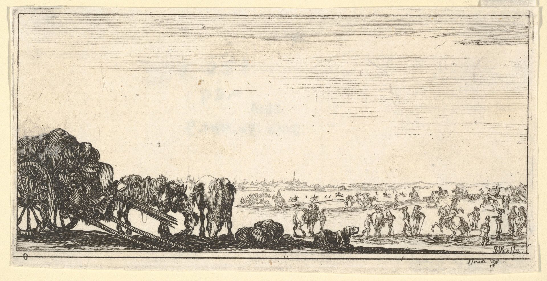Plate 8: a chariot and two horses to left, a dog in center, various horses and soldiers in the background, from 'Troops, cannons, and attacks on towns' (Dessins de quelques conduites de troupes, canons, et ataques de villes) by Stefano della Bella