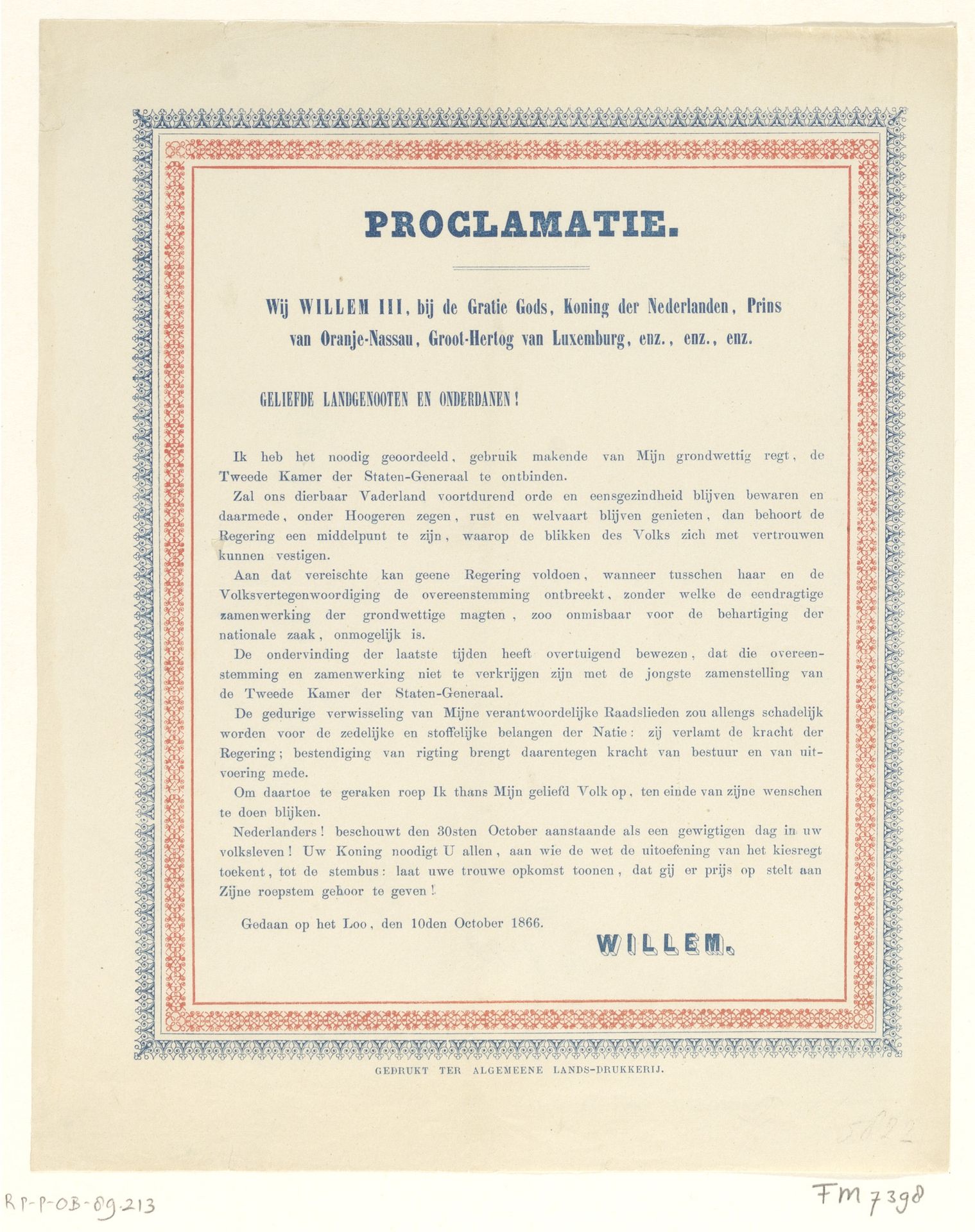 Proclamatie van koning Willem III, 1866 by Algemeene Landsdrukkerij