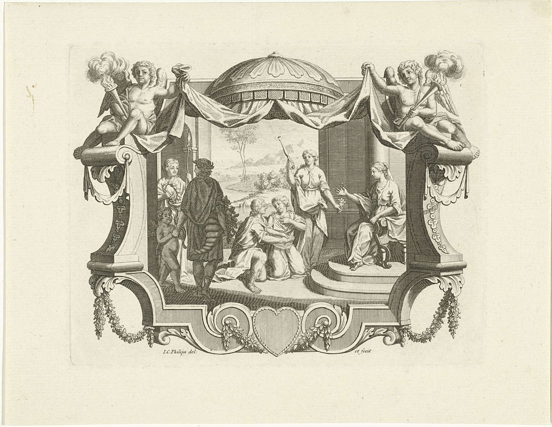 Cartouche met allegorie op het huwelijk by Jan Caspar Philips