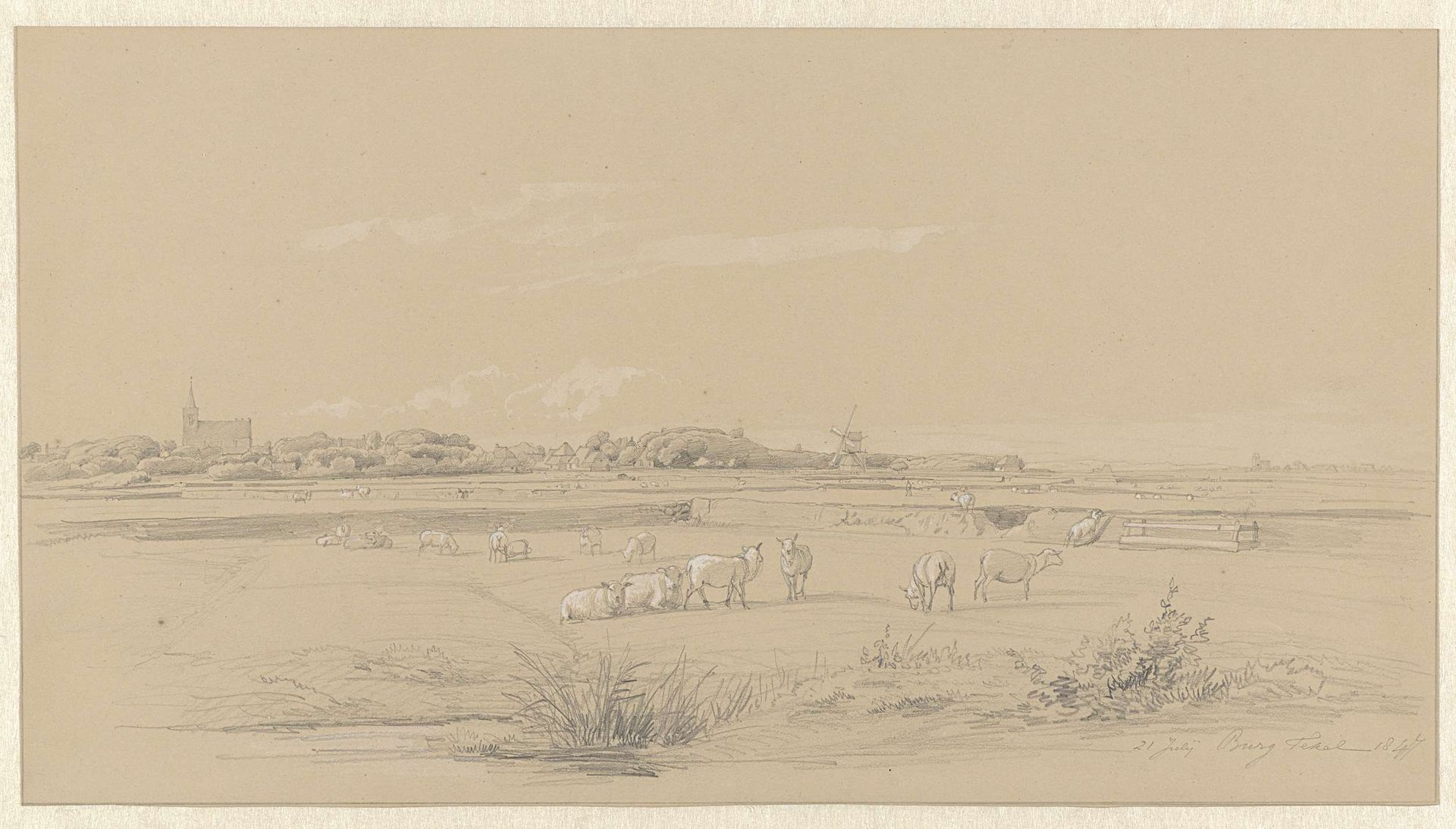 Gezicht over weilanden met schapen op Den Burg, Texel by Pierre Louis Dubourcq