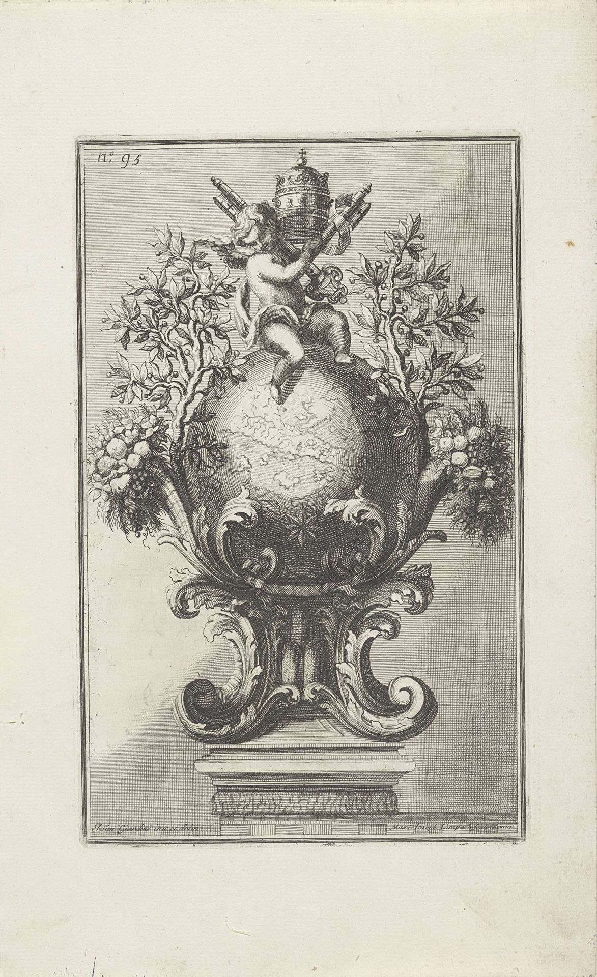 Ornament met het wapen van Paus Clemens XI en een putto op een globe, geflankeerd door bomen en hoorns vol bloemen en vruchten by Maximilian Joseph Limpach
