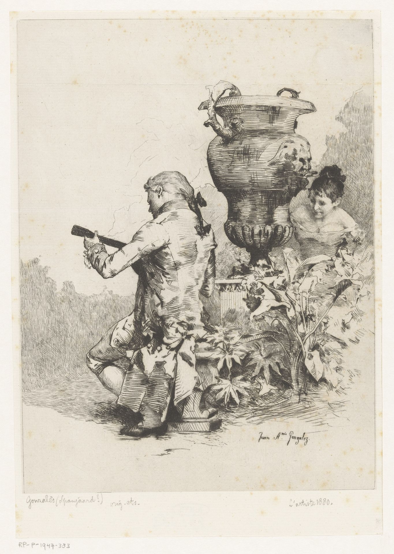 Man bespeelt een instrument in een tuin by Juan Antonio González