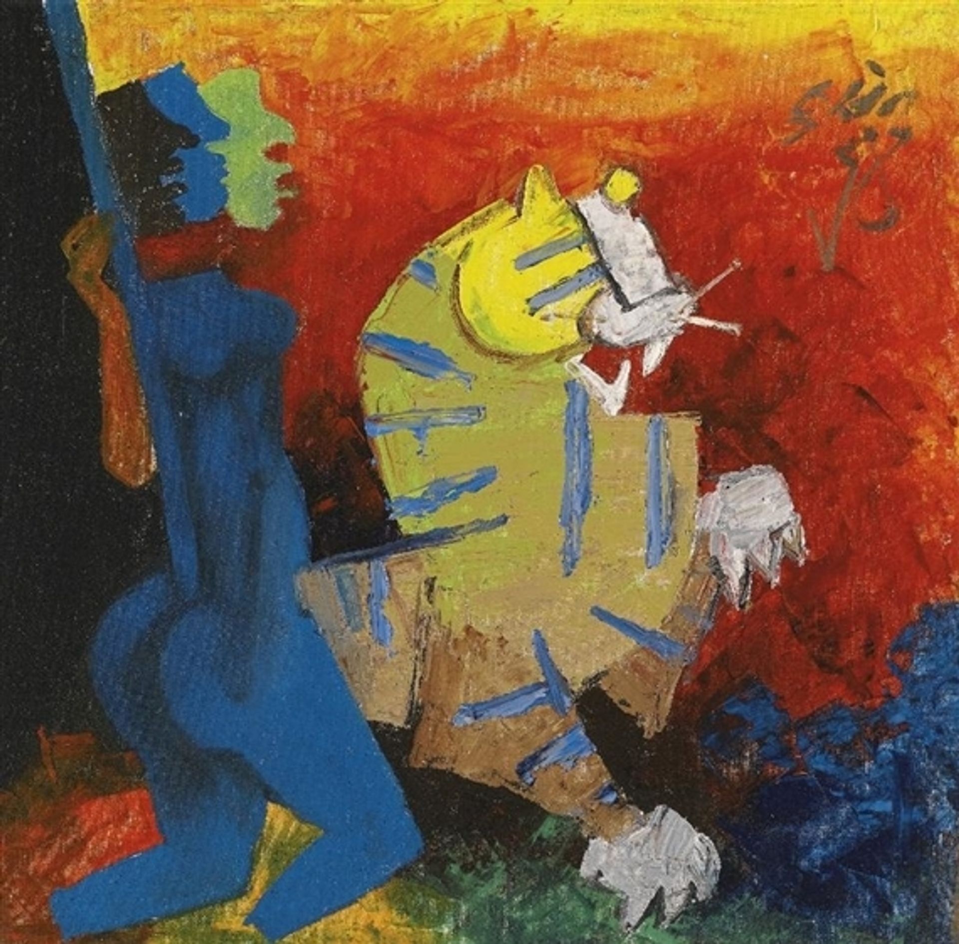 Untitled (Blue Figure and Tiger) by M.F. Husain