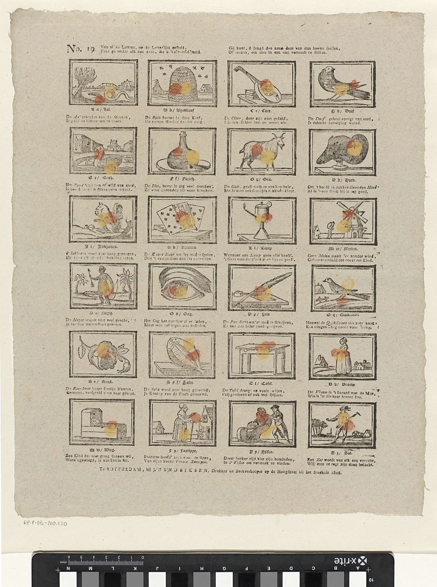 Van al de letters, op de letterlijst gesteld. / Vind he onder elk een zaak, die u 't afbeeld meld. / Gij kunt, ô jeugd den naam daar van dus leeren spellen, / Of leezen, om hier in een nut vermaak te stellen by Jan Hendriksen