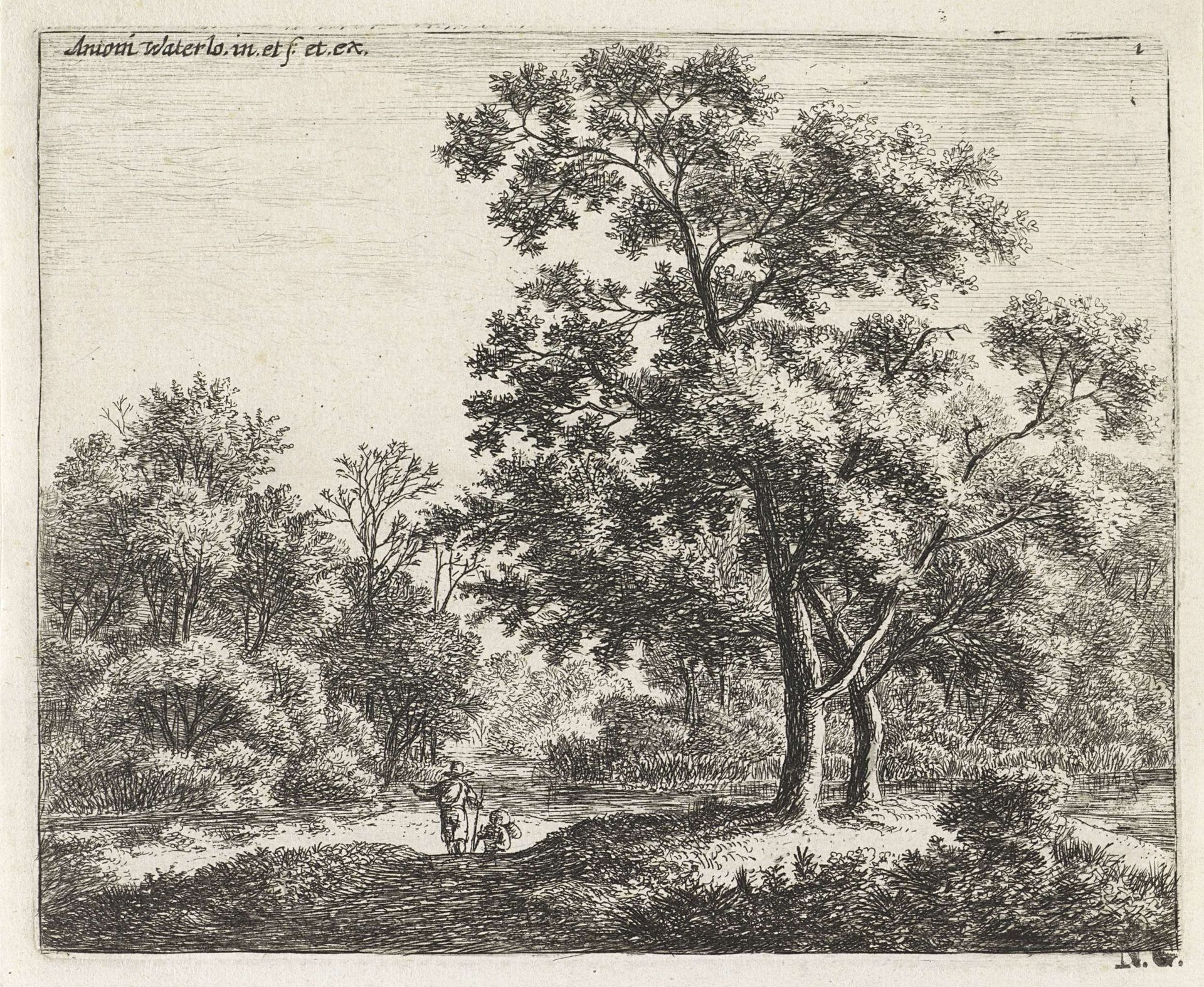 Twee reizigers in een bos by Anthonie Waterloo