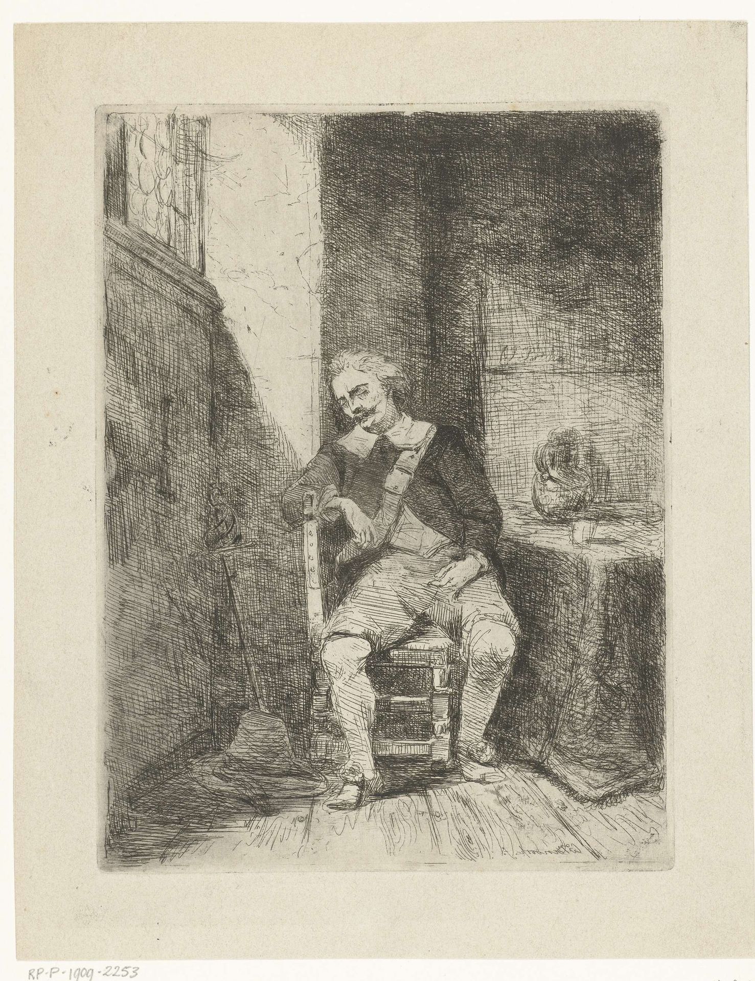 Soldaat slaapt op stoel bij raam by Carel Frederik (II) Bendorp