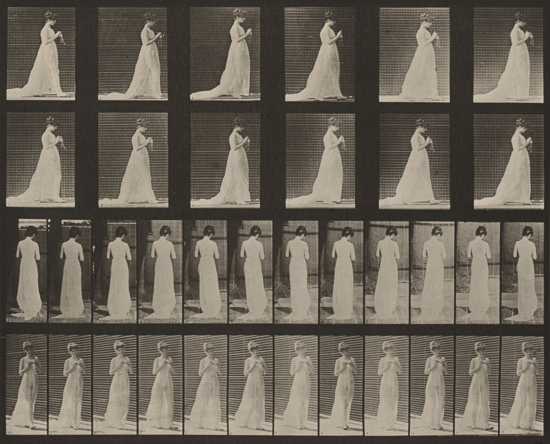 Plate Number 39. Walking; hands engaged in knitting by Eadweard Muybridge