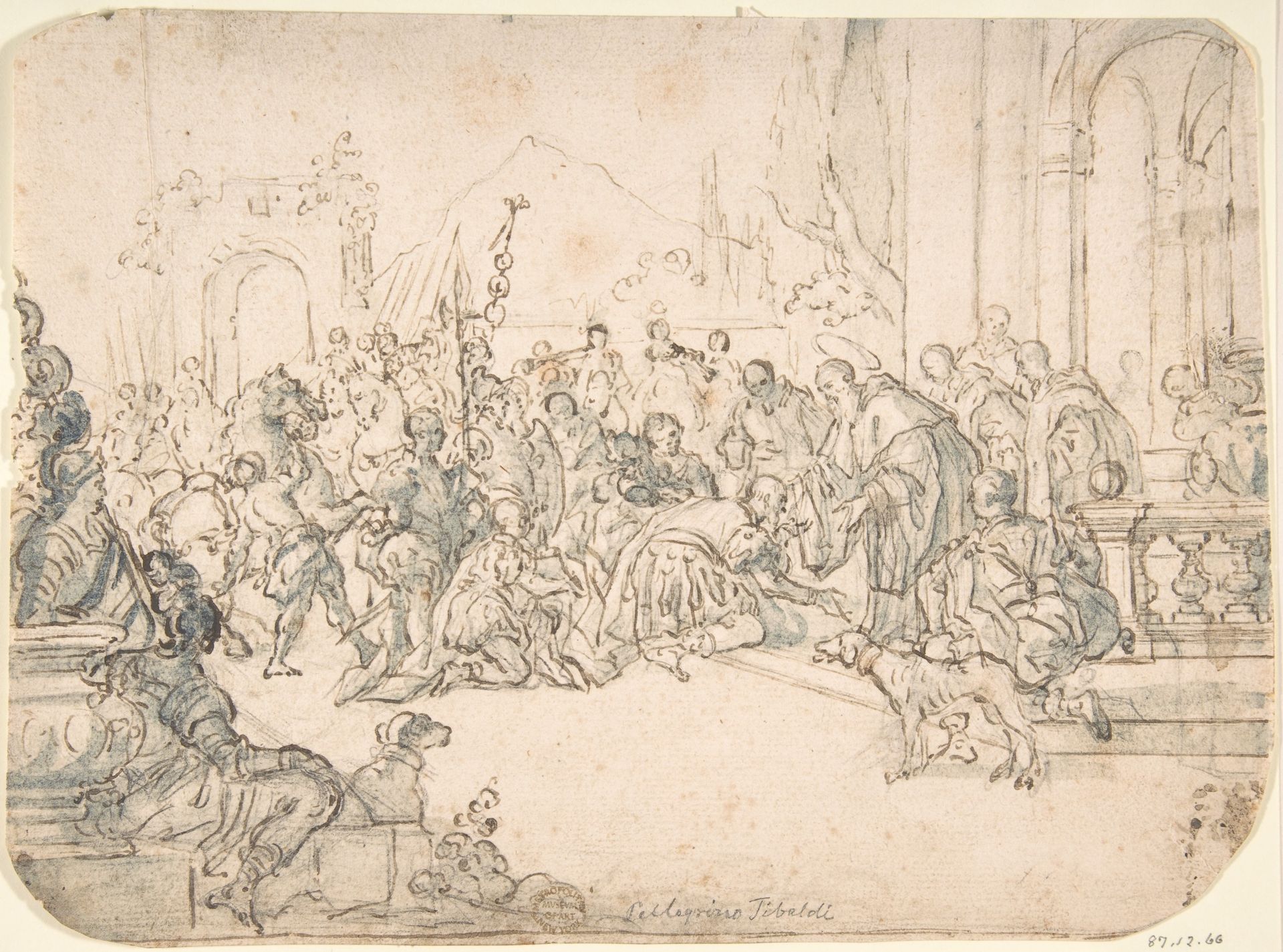 Saint Benedict Receiving a Warrior (recto); Sketch of Crowded Narrative Scene (verso) by Anonymous