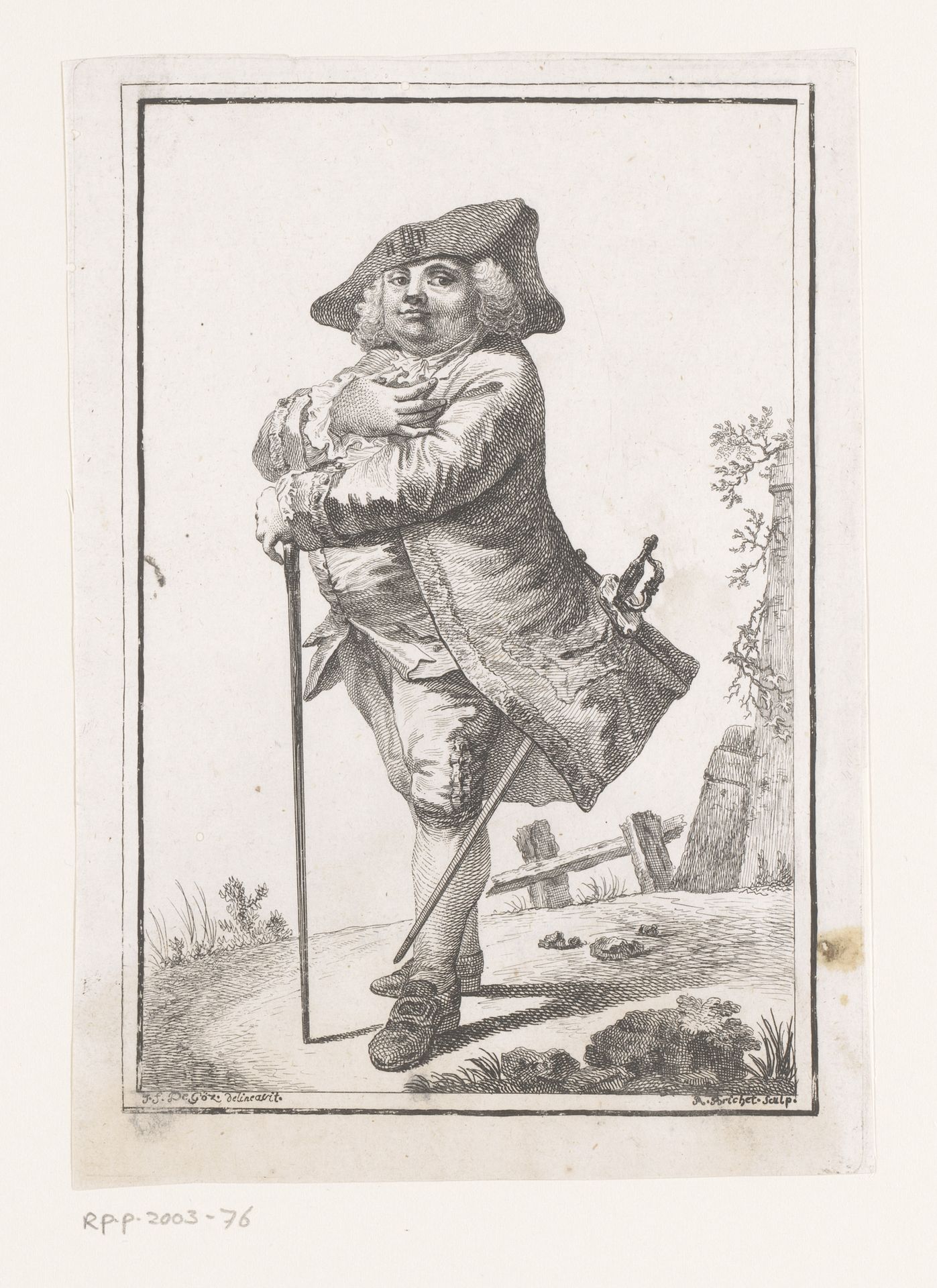 Man met hoed en zwaard leunend op een stok by Robert Brichet