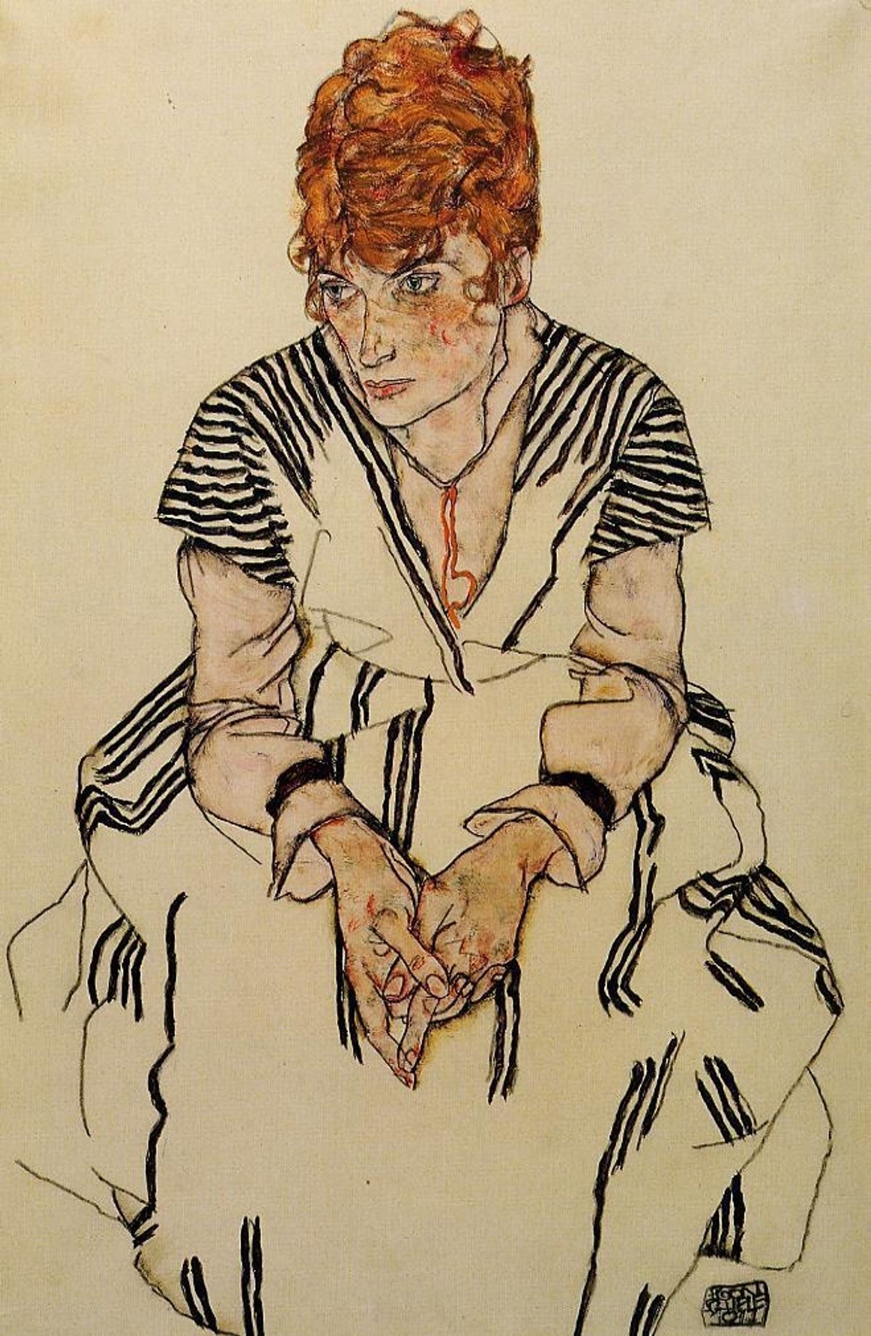 The Artist's Sister in Law in a Striped Dress by Egon Schiele