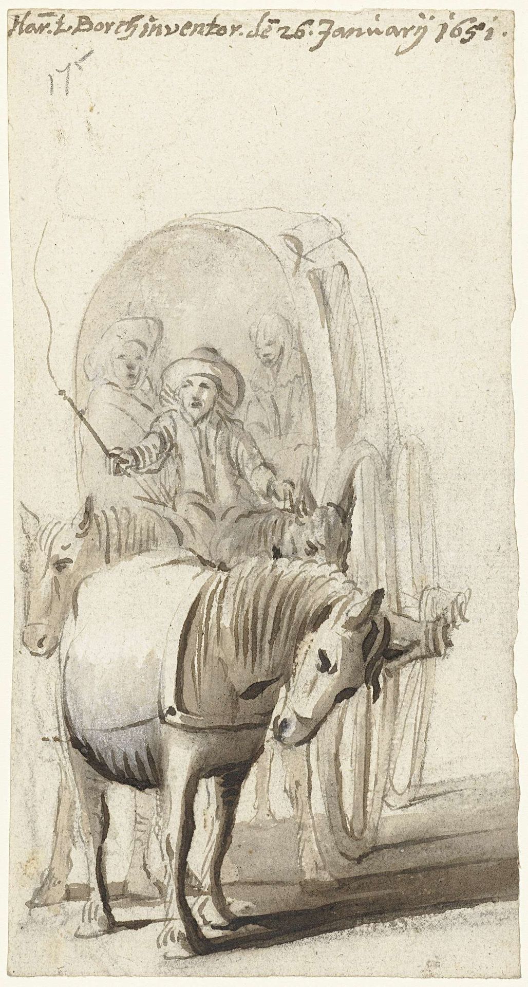 Passagierskoets getrokken door drie paarden, van voren by Harmen ter Borch