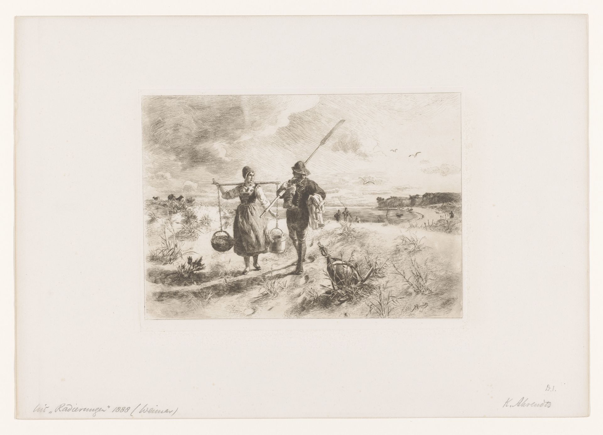 Landschap met een visser en een boerin by Conrad Ahrendts