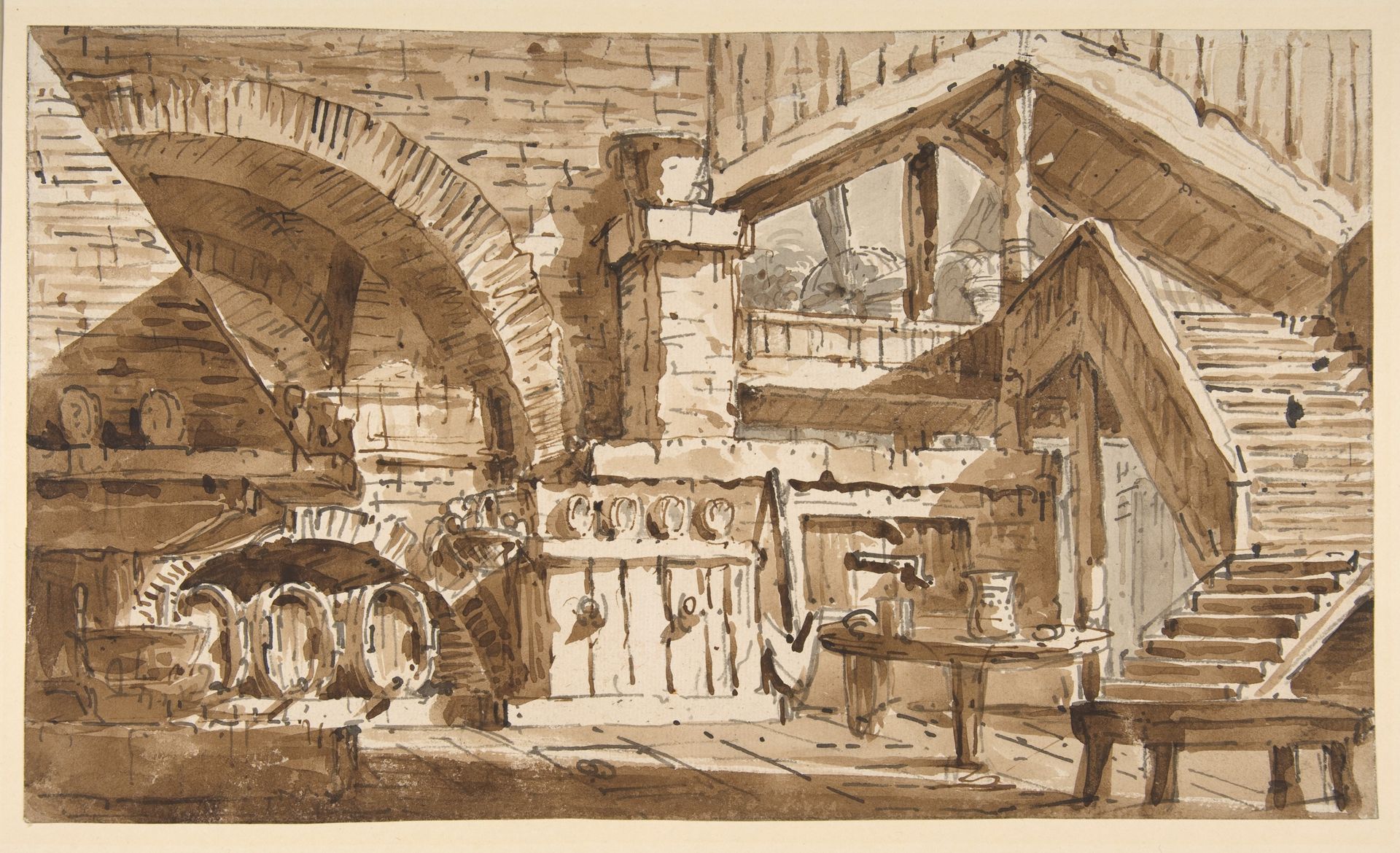 Design for a Stage Set Showing Interior of Rustic Kitchen ("Cucina Rustica") by Lorenzo Sacchetti