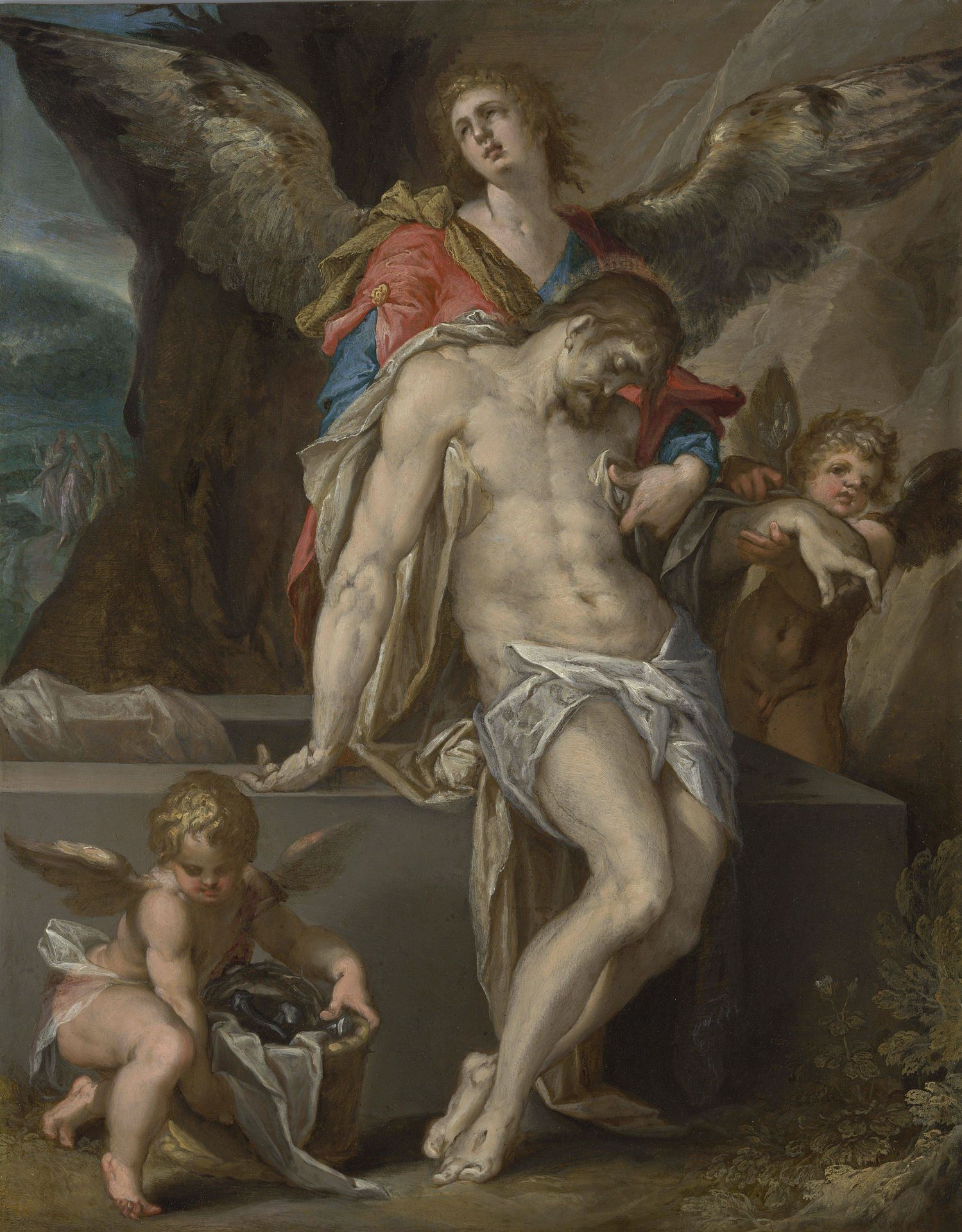 Engelen dragen het lichaam van Christus (Engelenpietà) by Bartholomeus Spranger