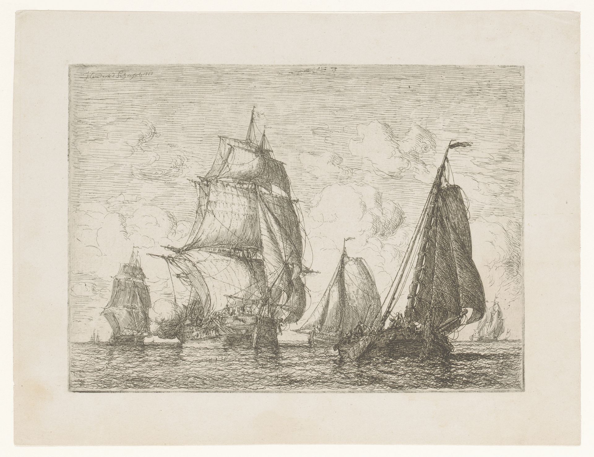 Schip op het water lost een kanonschot by Henri François Schaefels