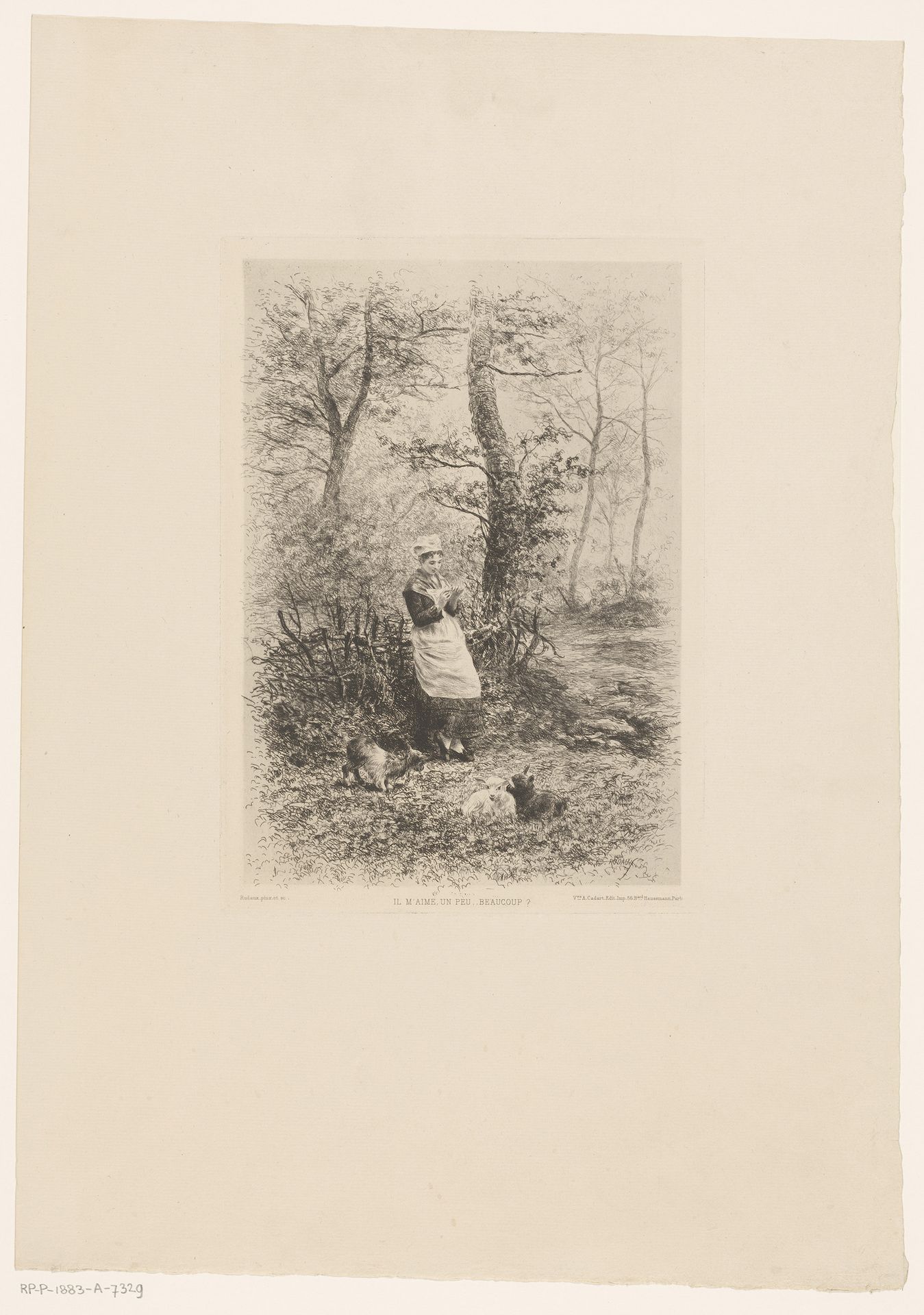 Boslandschap met drie jonge geiten en een boerin die een bloem uit elkaar plukt by Edmond Adolphe Rudaux