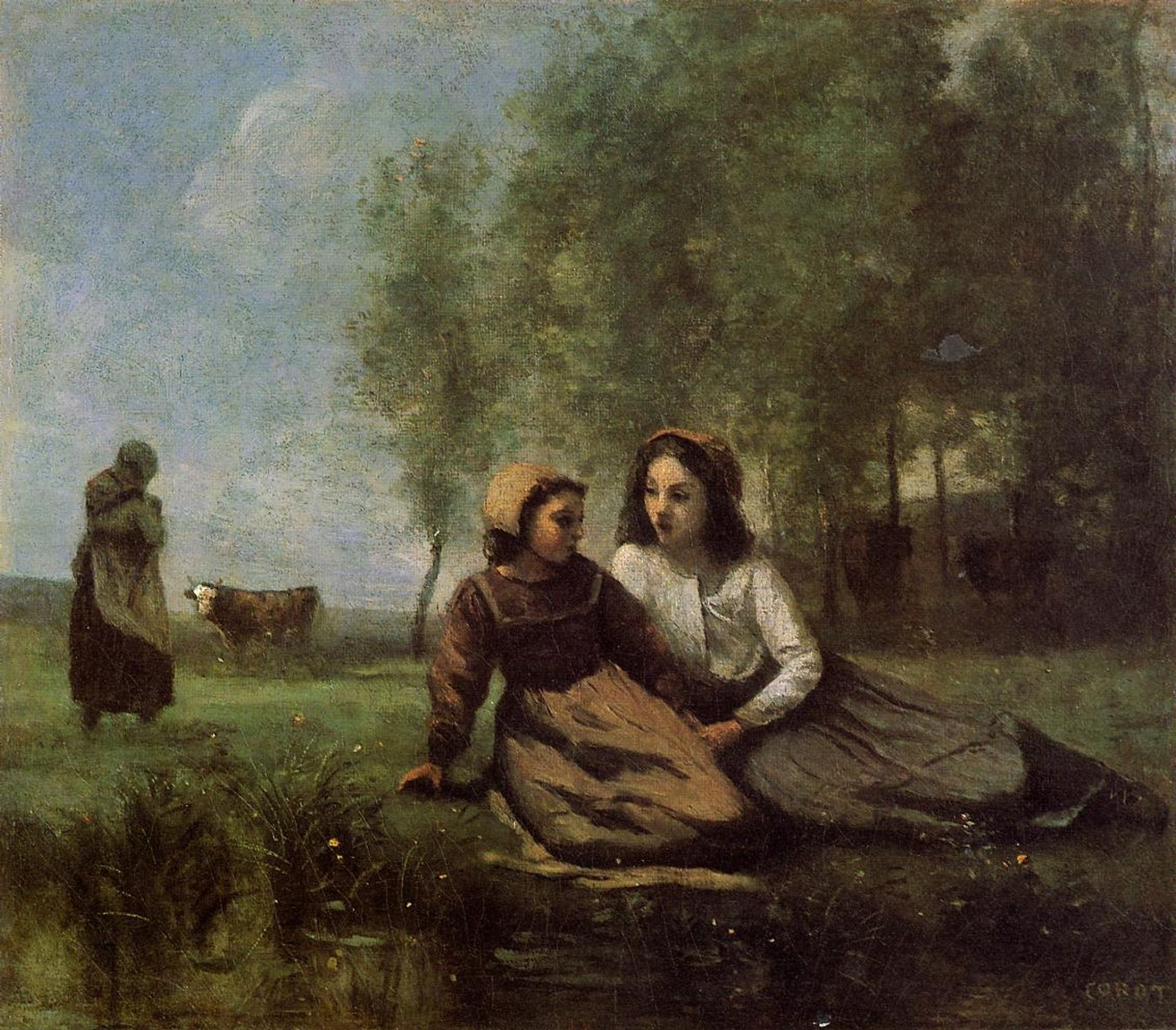 Two Cowherds in a Meadow by the Water by Camille Corot
