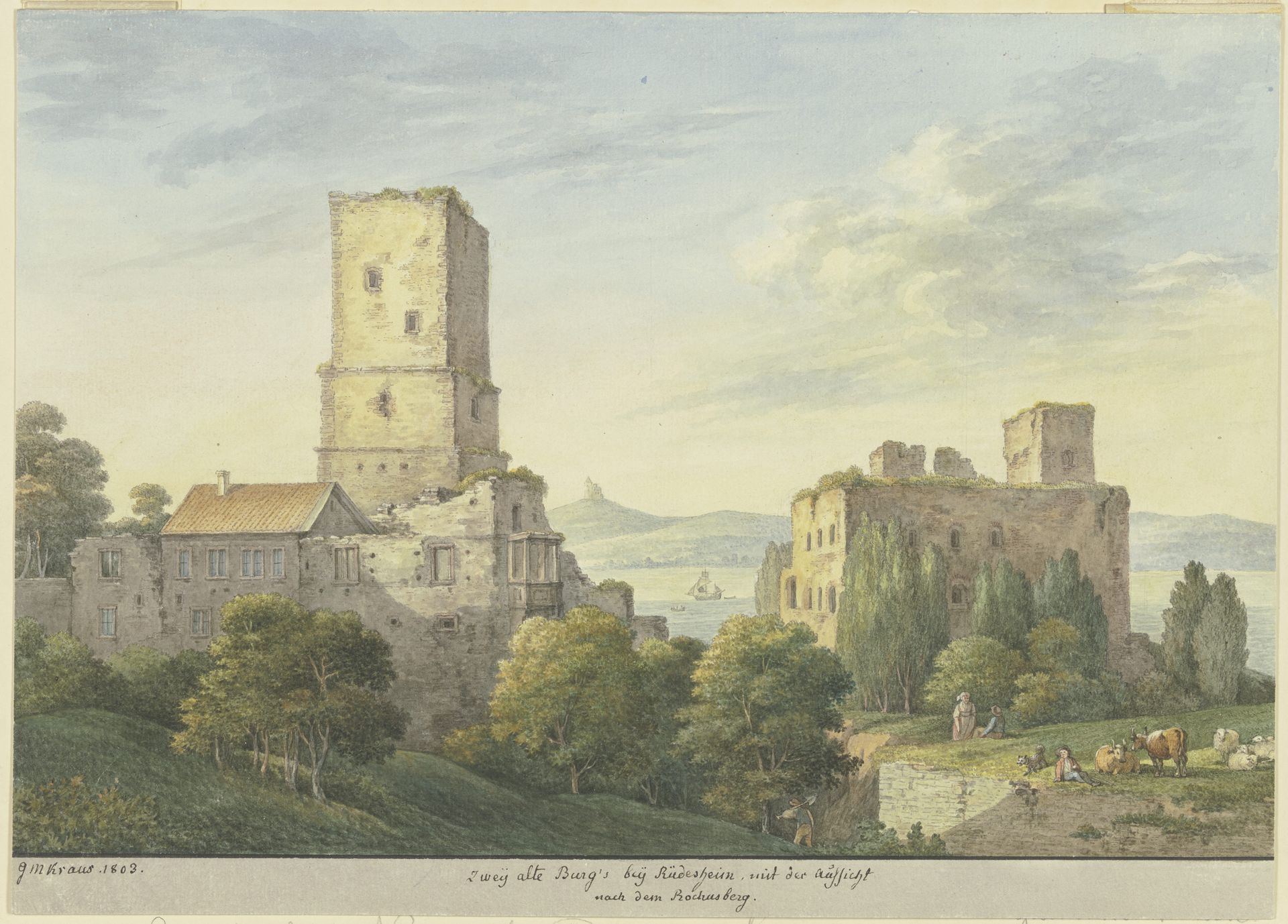 Die Oberburg (Boosenburg) und die Niederburg (Brömserburg) bei Rüdesheim am Rhein by Georg Melchior Kraus