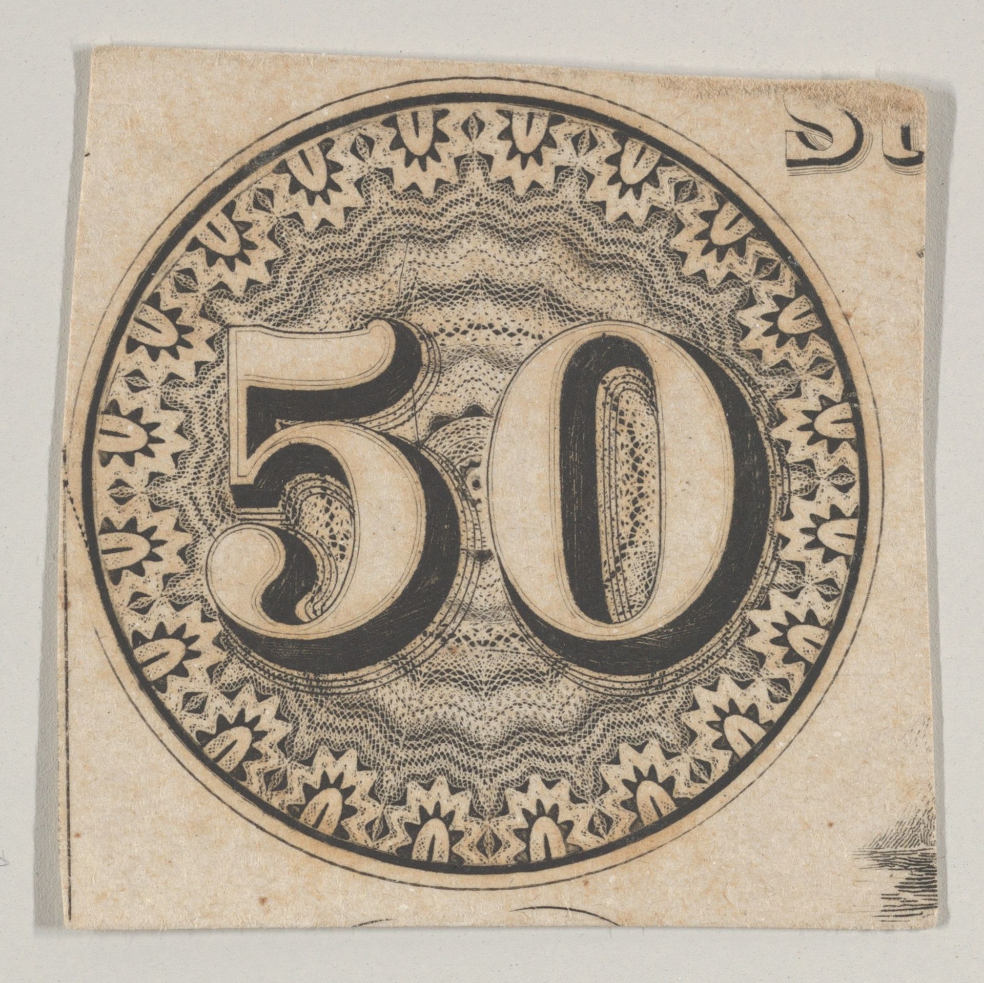 Banknote motif: the number 50 against an ornamental lathe work rondel resembling lace by Cyrus Durand