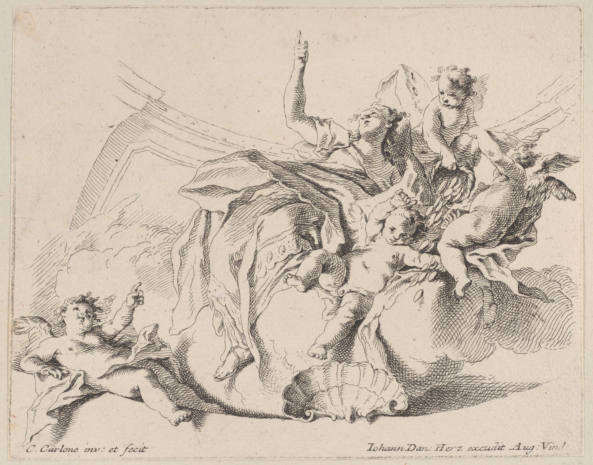 Wealth, represented by a woman seated on clouds and surrounded by putti, one of whom is pouring coins by Carlo Innocenzo Carloni