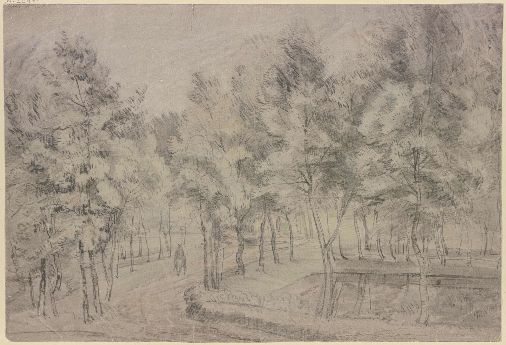 Ein Weg schlängelt sich an einem Teich vorbei durch eine junge Baumanlage, auf demselben ein Reiter by Lucas van Uden