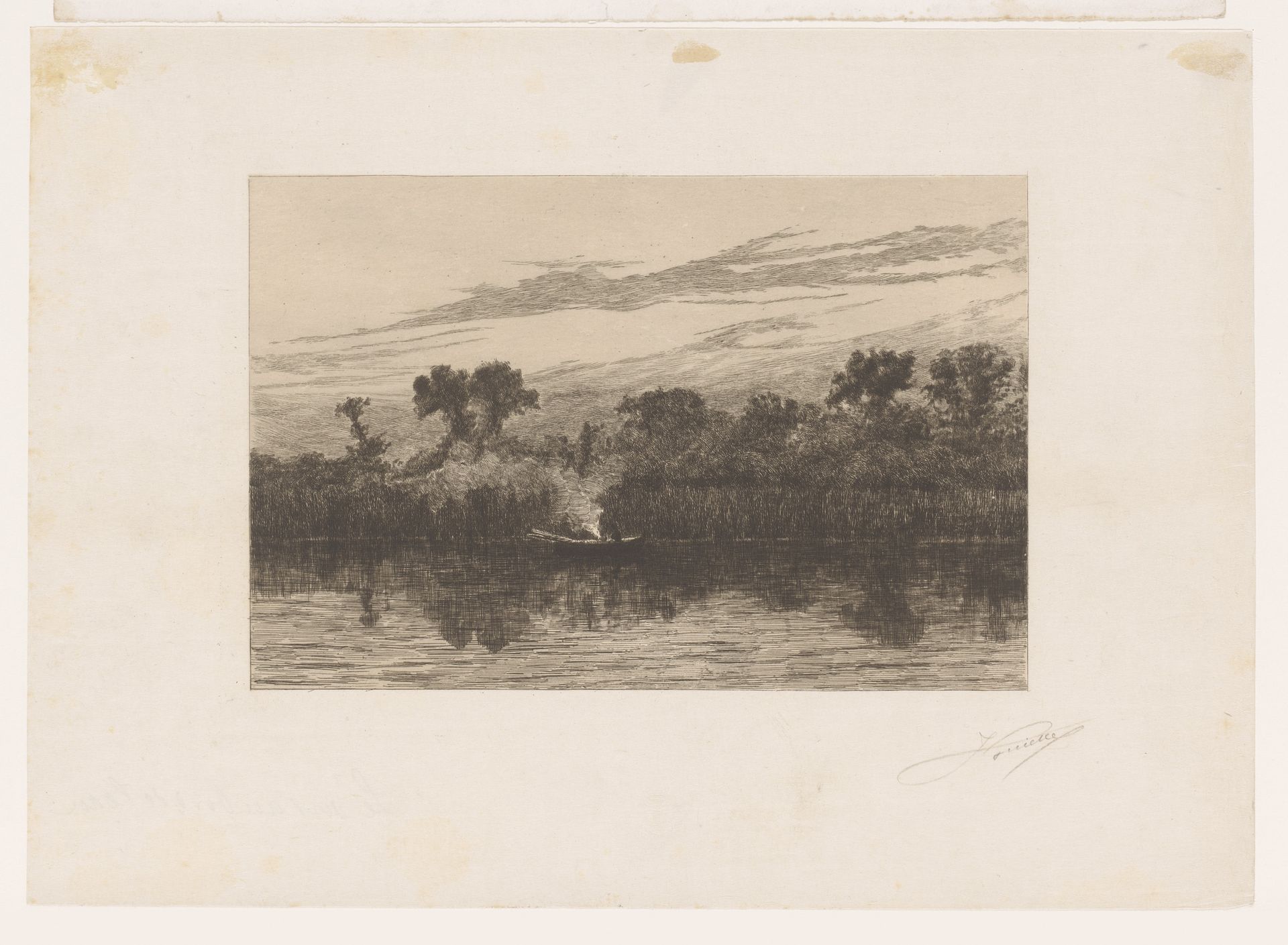 Roeiboot in een meer bij schemering by Jules Guiette