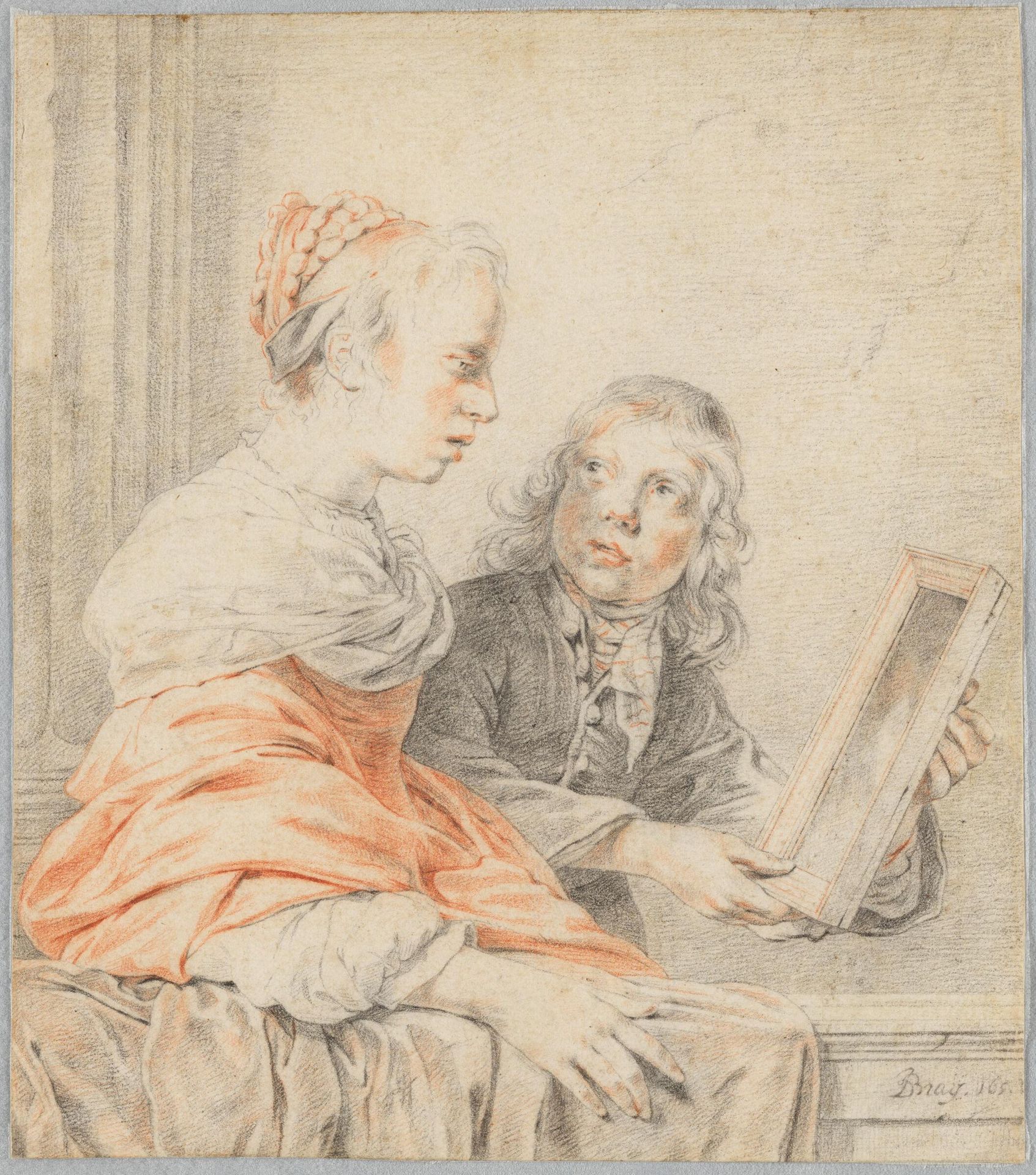 A Young Woman looking in a Mirror held by a Boy by Jan de Bray