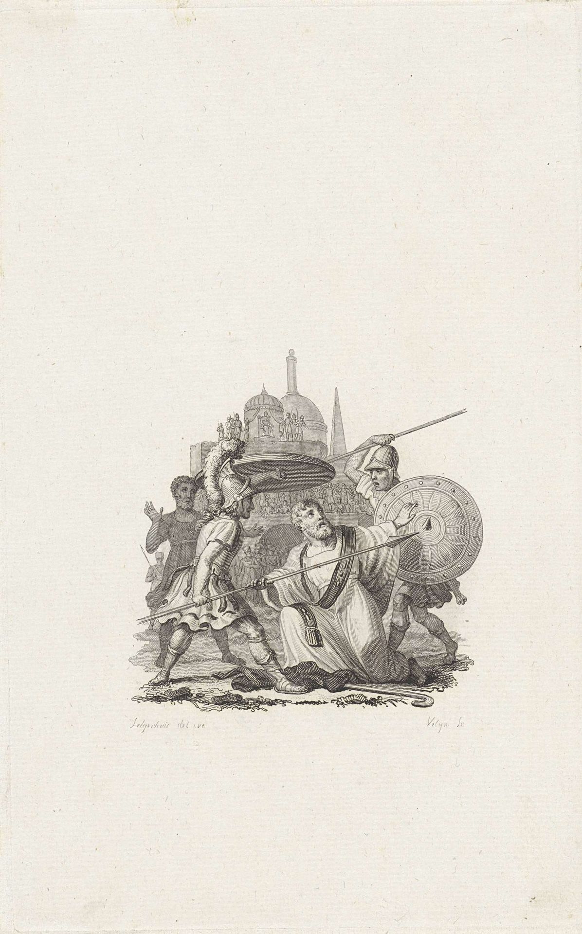 Geknielde man tussen twee krijgers by Philippus Velijn