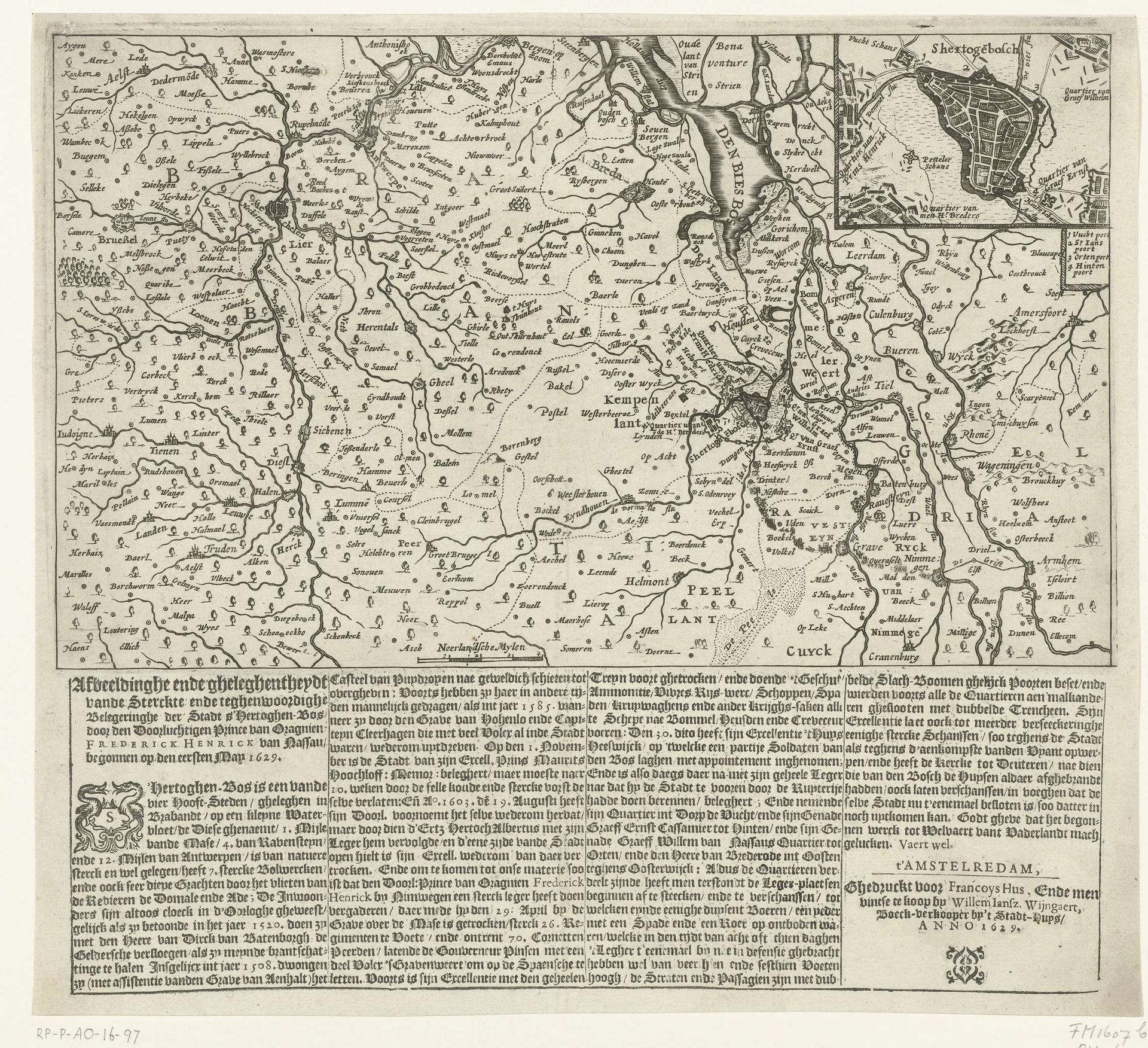 Kaart van Noord-Brabant met het beleg van Den Bosch, 1629 by Anonymous