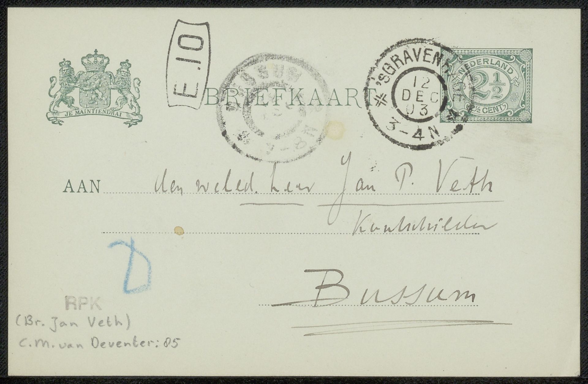 Briefkaart aan Jan Veth by Chap van Deventer