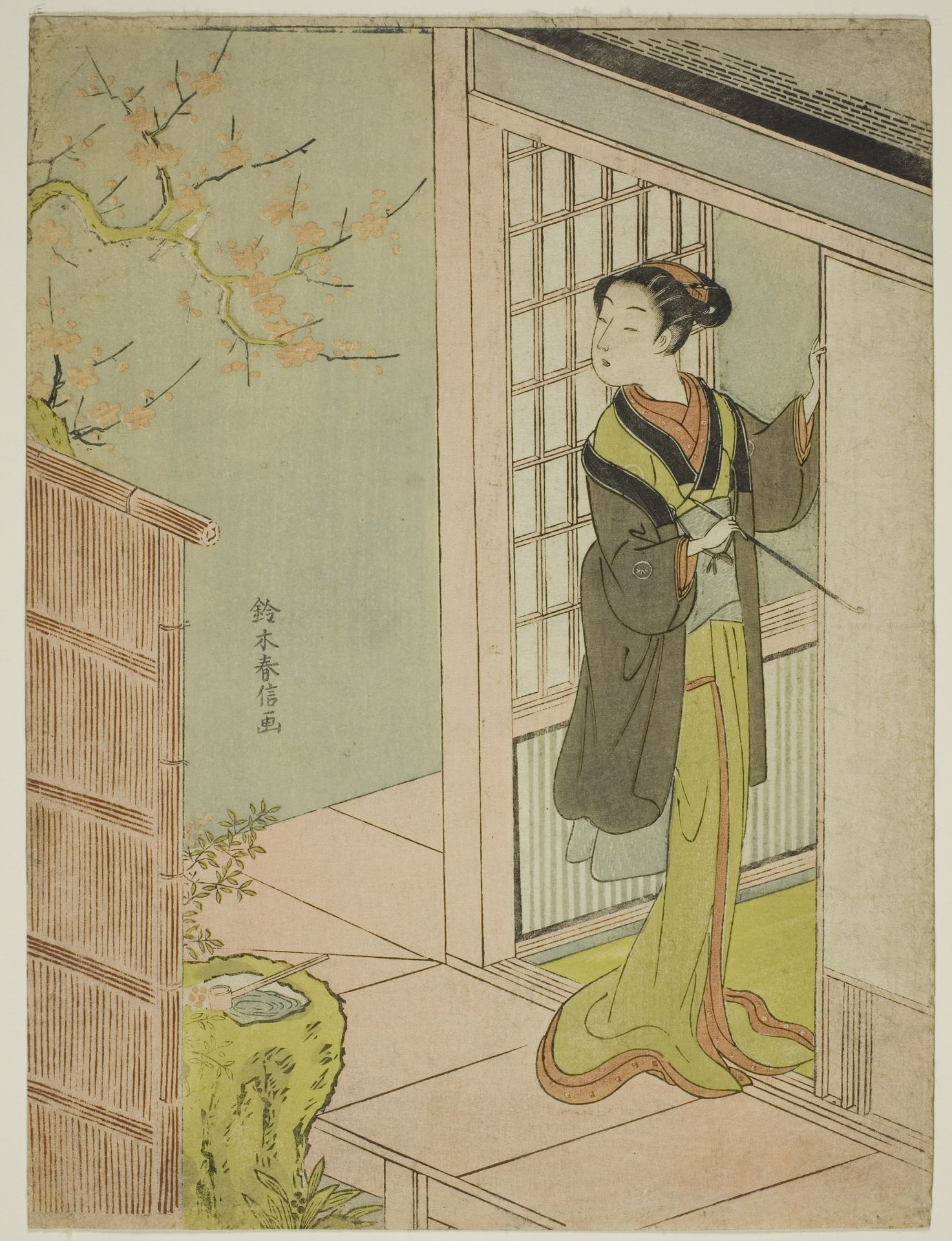 Beauty Admiring a Bush Warbler Singing in a Plum Tree by Suzuki Harunobu 鈴木春信