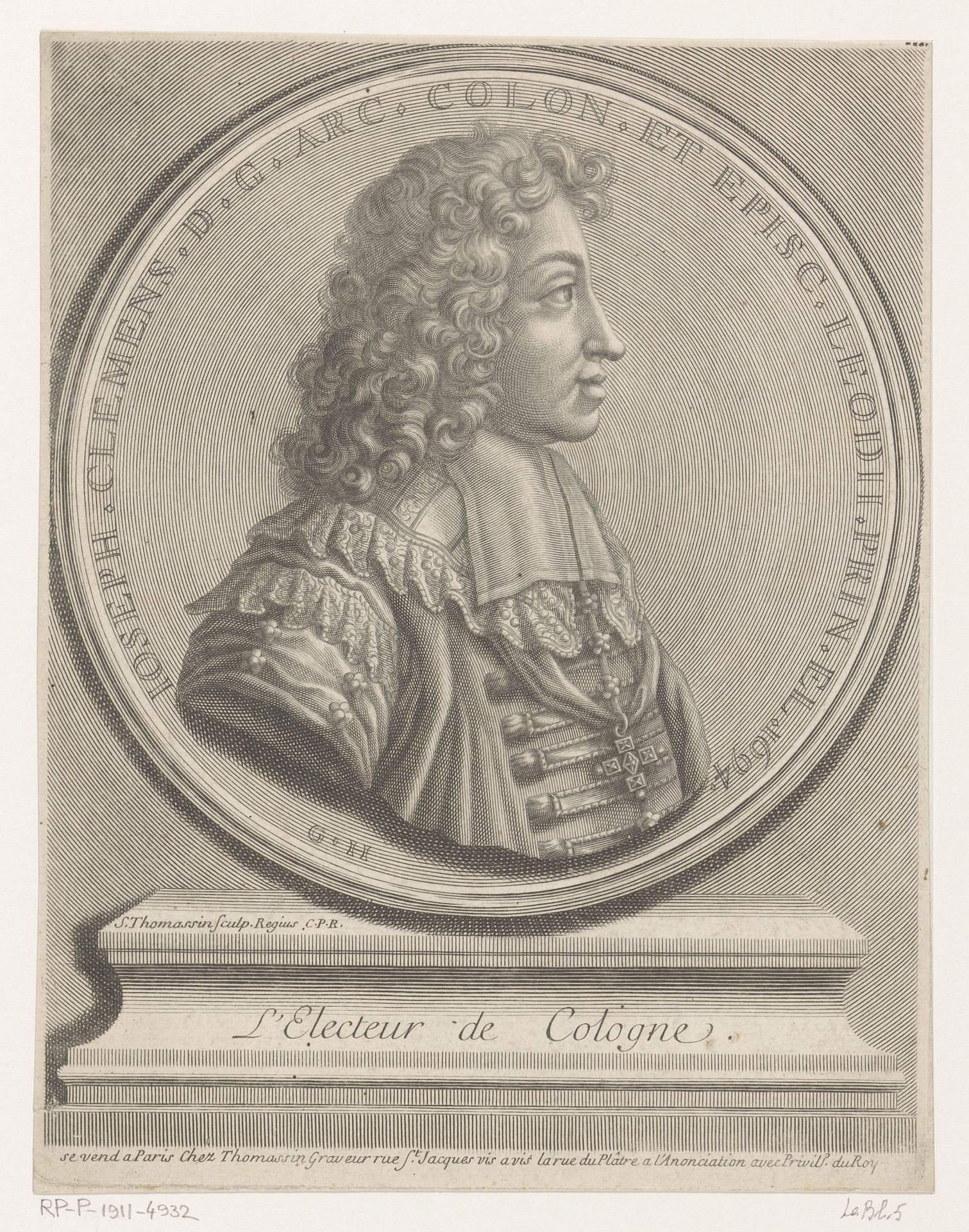 Portret van Jozef Klemens, keurvorst en aartsbisschop van Keulen, en profil op een medaille by Simon Thomassin