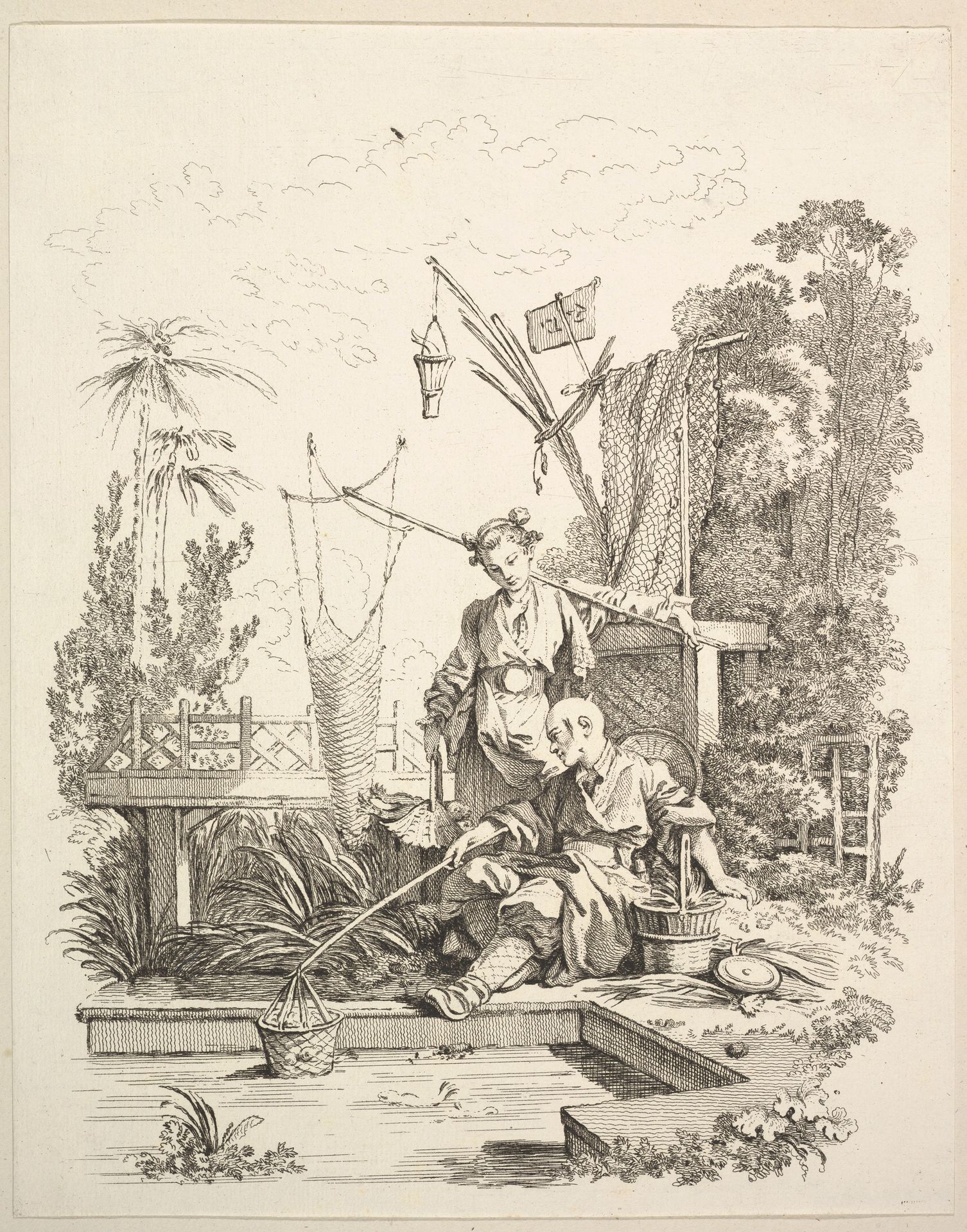 A Chinese Man and Woman Fishing by a Fishpond by Gabriel Huquier