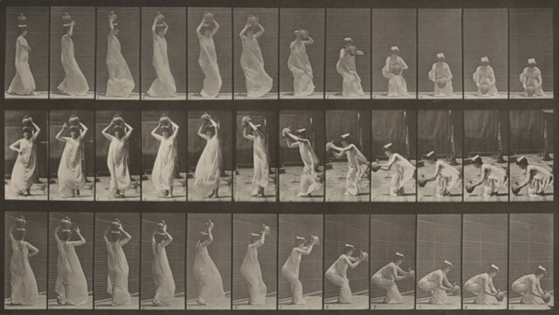 Plate Number 206. Carrying a water jar on head, turning and placing it on the ground by Eadweard Muybridge