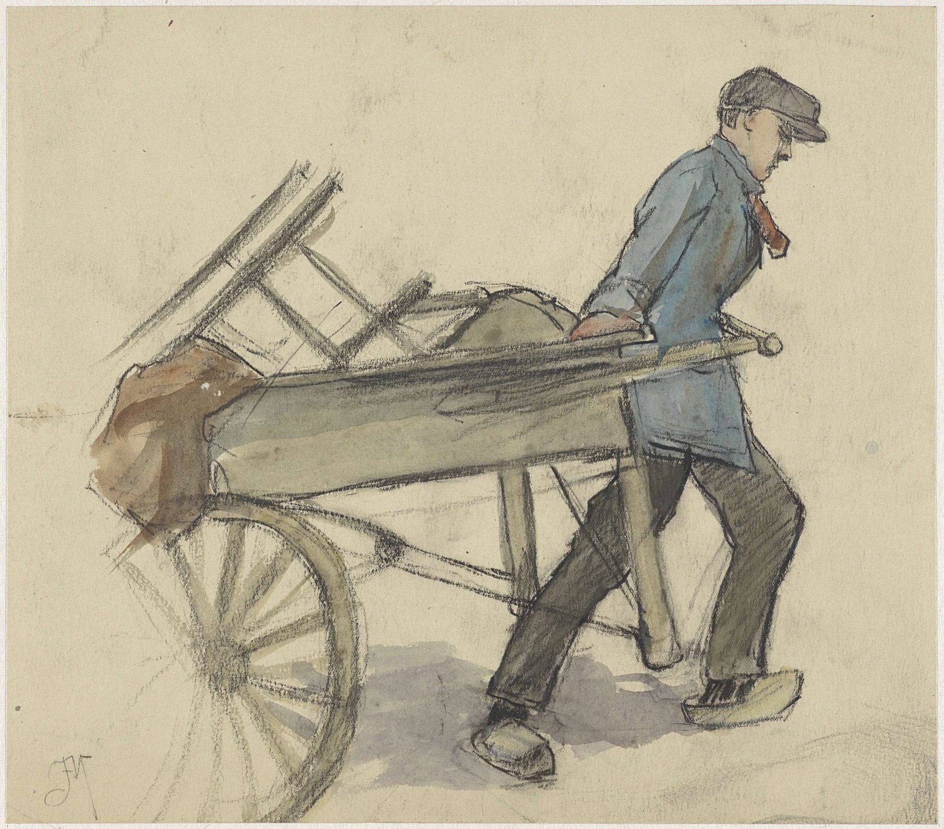 Man die een handkar trekt by Johannes Abraham Mondt