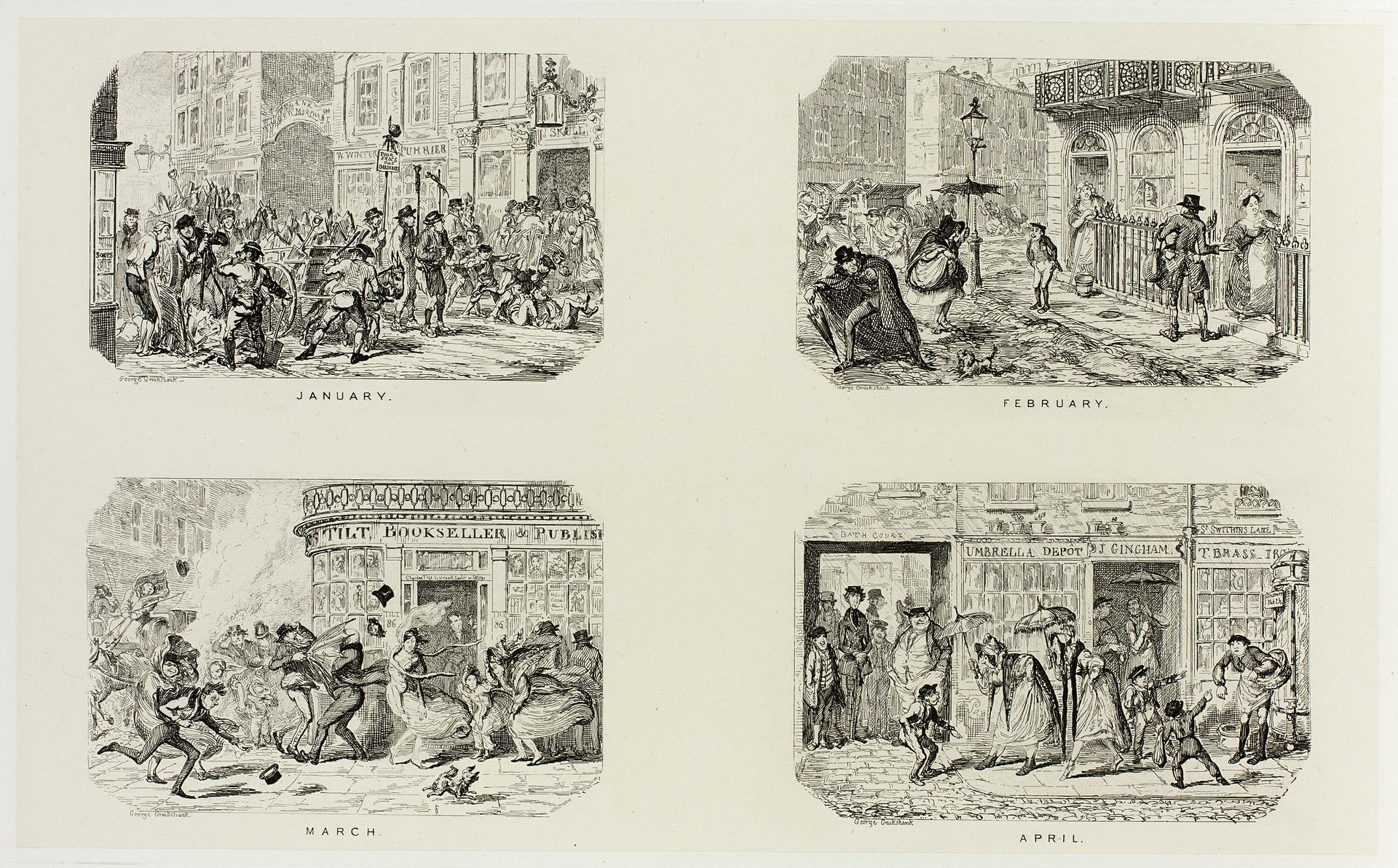 January from George Cruikshank's Steel Etchings to The Comic Almanacks: 1835-1853 (top left) by George Cruikshank
