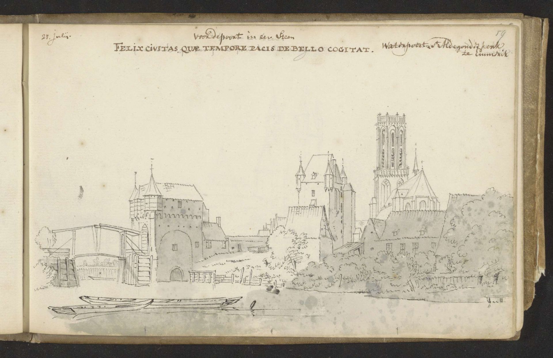 Waterpoort en Sint-Aldegondekerk te Emmerik by Abraham de (II) Haen