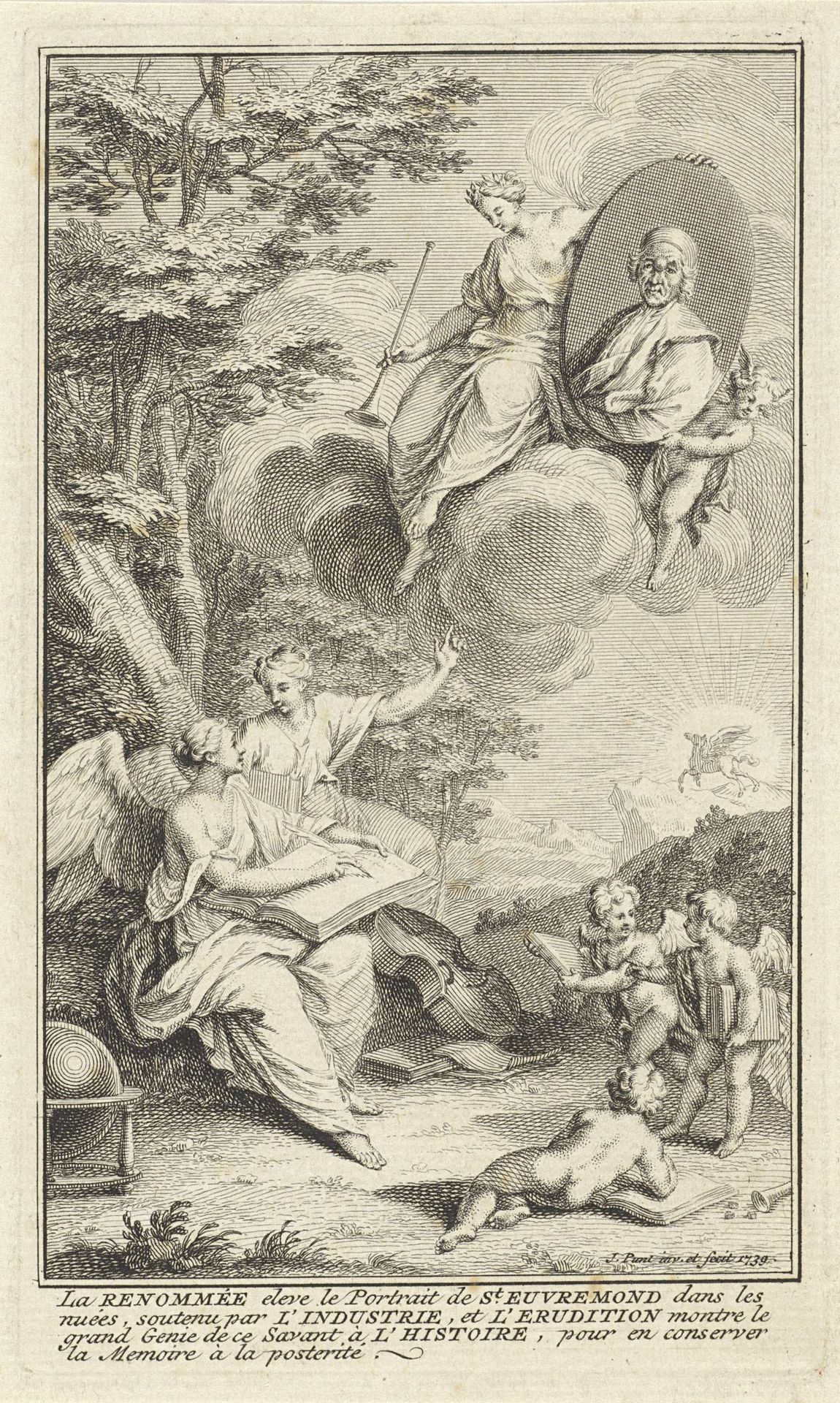 Allegorische titelpagina met het portret van Charles de Saint-Évremond by Jan Punt