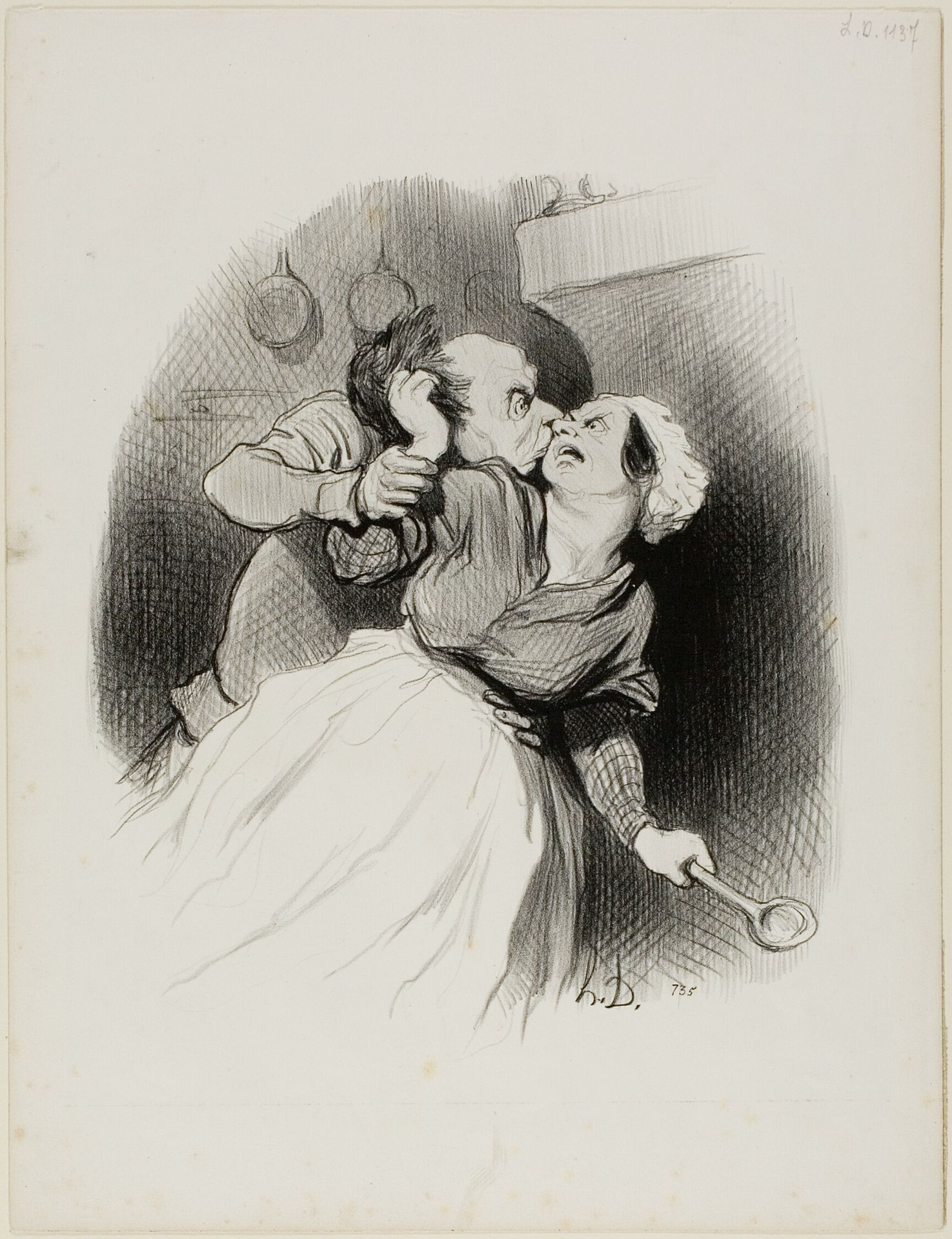 A Return of Youth. “Yell as much as you like, you little devil you.... my wife isn't home.... tear out my hair to your heart's content!,” plate 50 from Les beaux Jours de la vie by Honoré Daumier