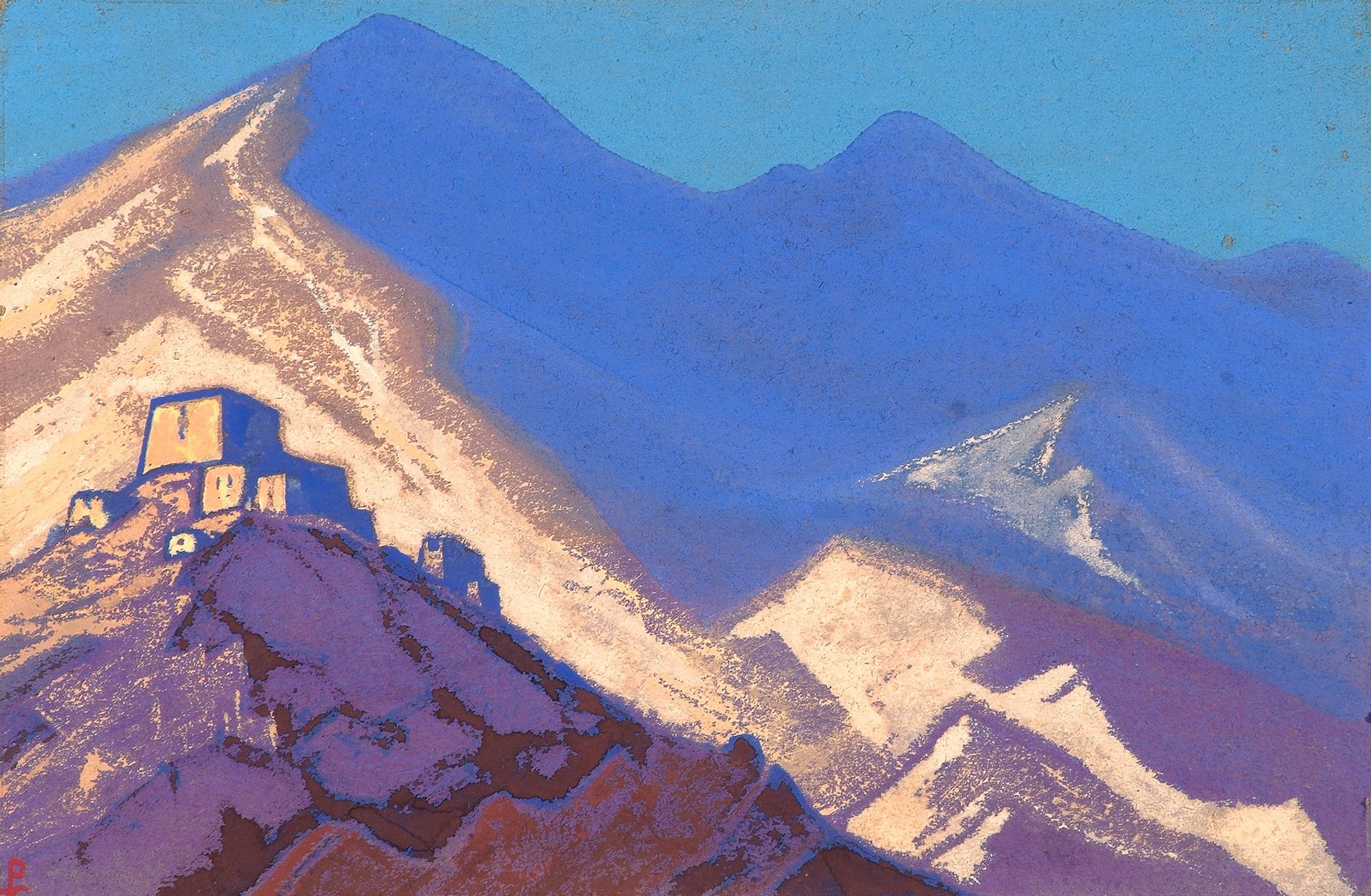 Dark-blue mountains and buildings on the hiil by Nicholas Roerich