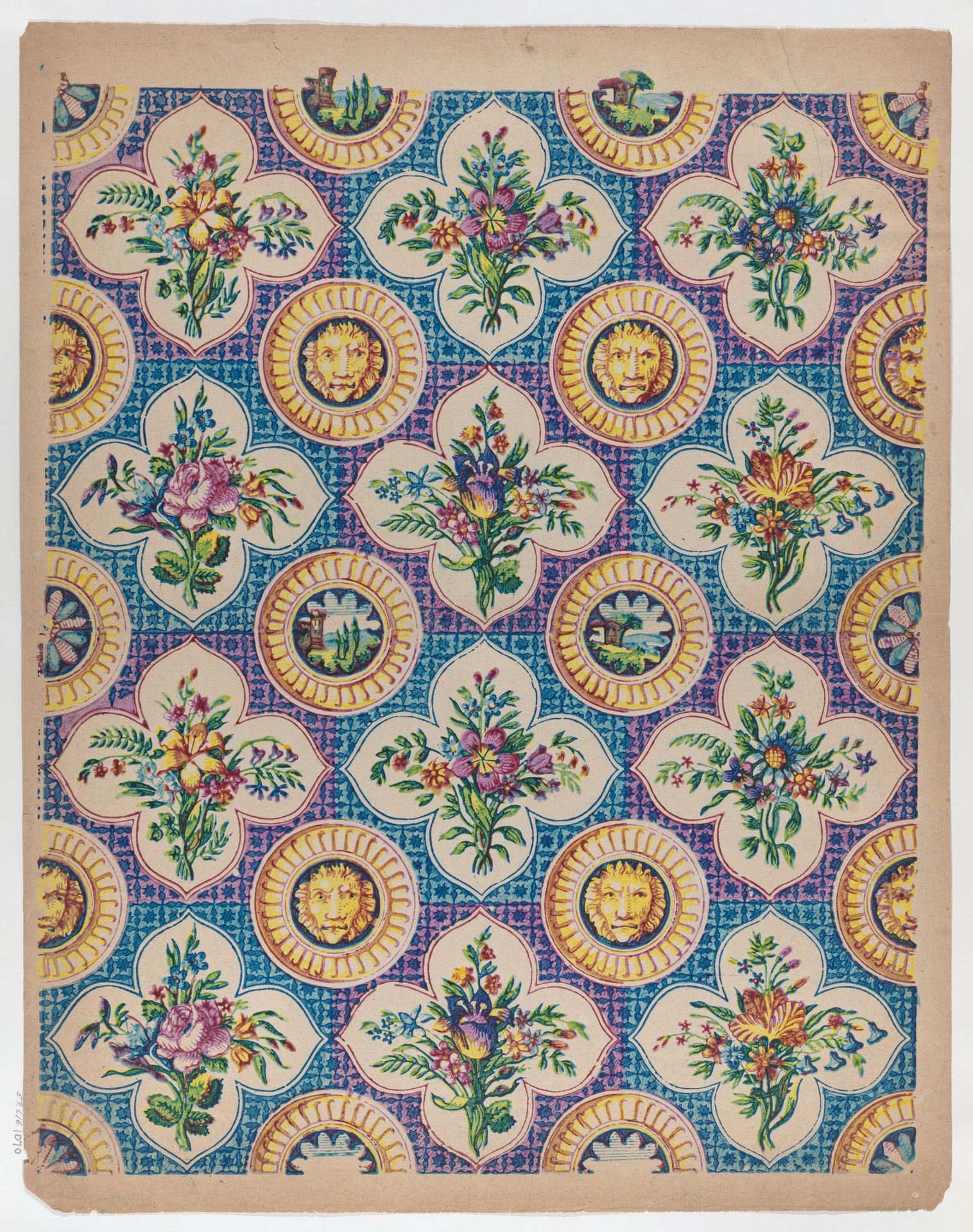 Sheet with pattern of bouquets and lion heads by Anonymous