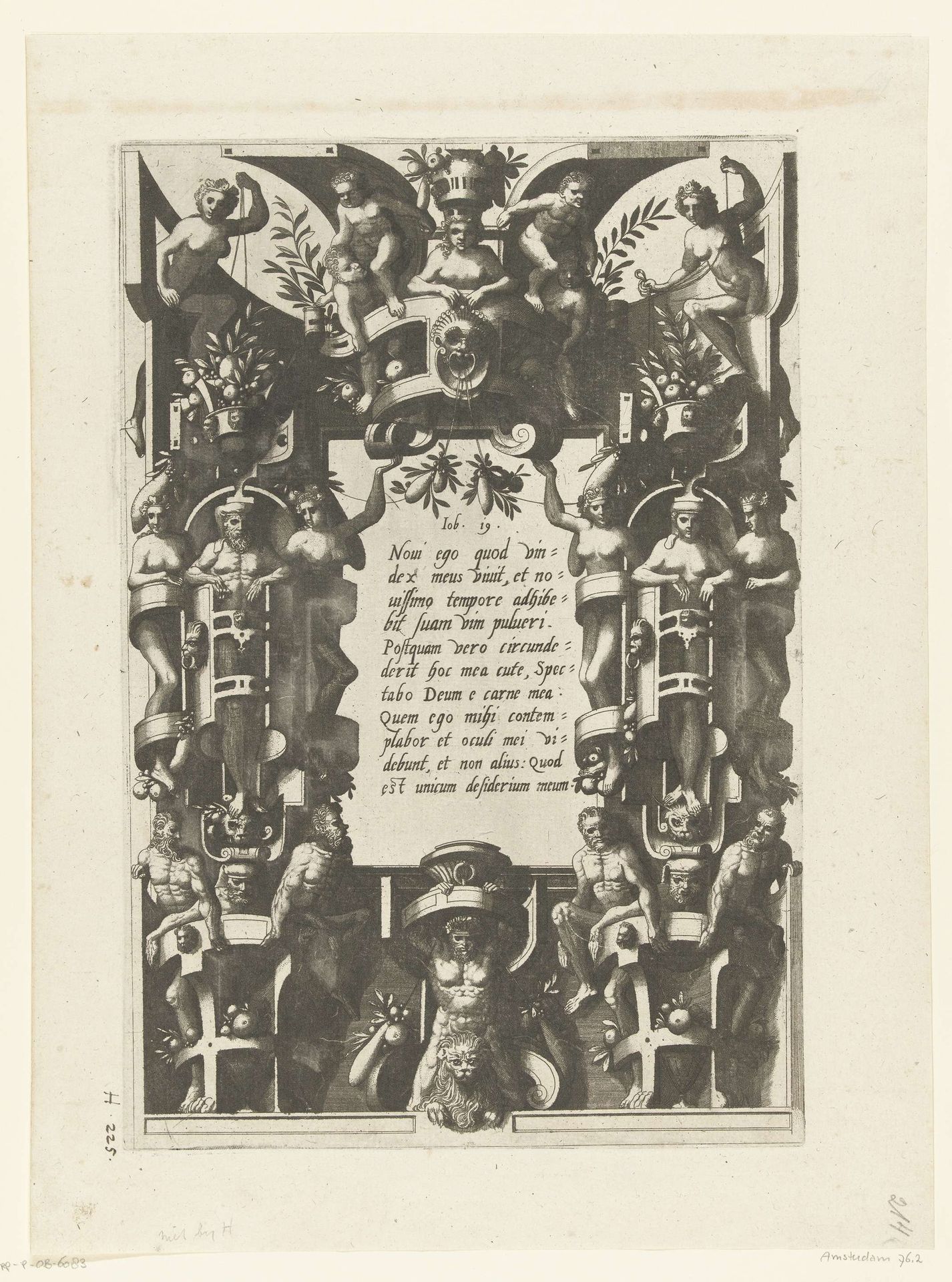 Vlakdecoratie: cartouche in omlijsting van rolwerk met figuren by Johannes of Lucas van Doetechum