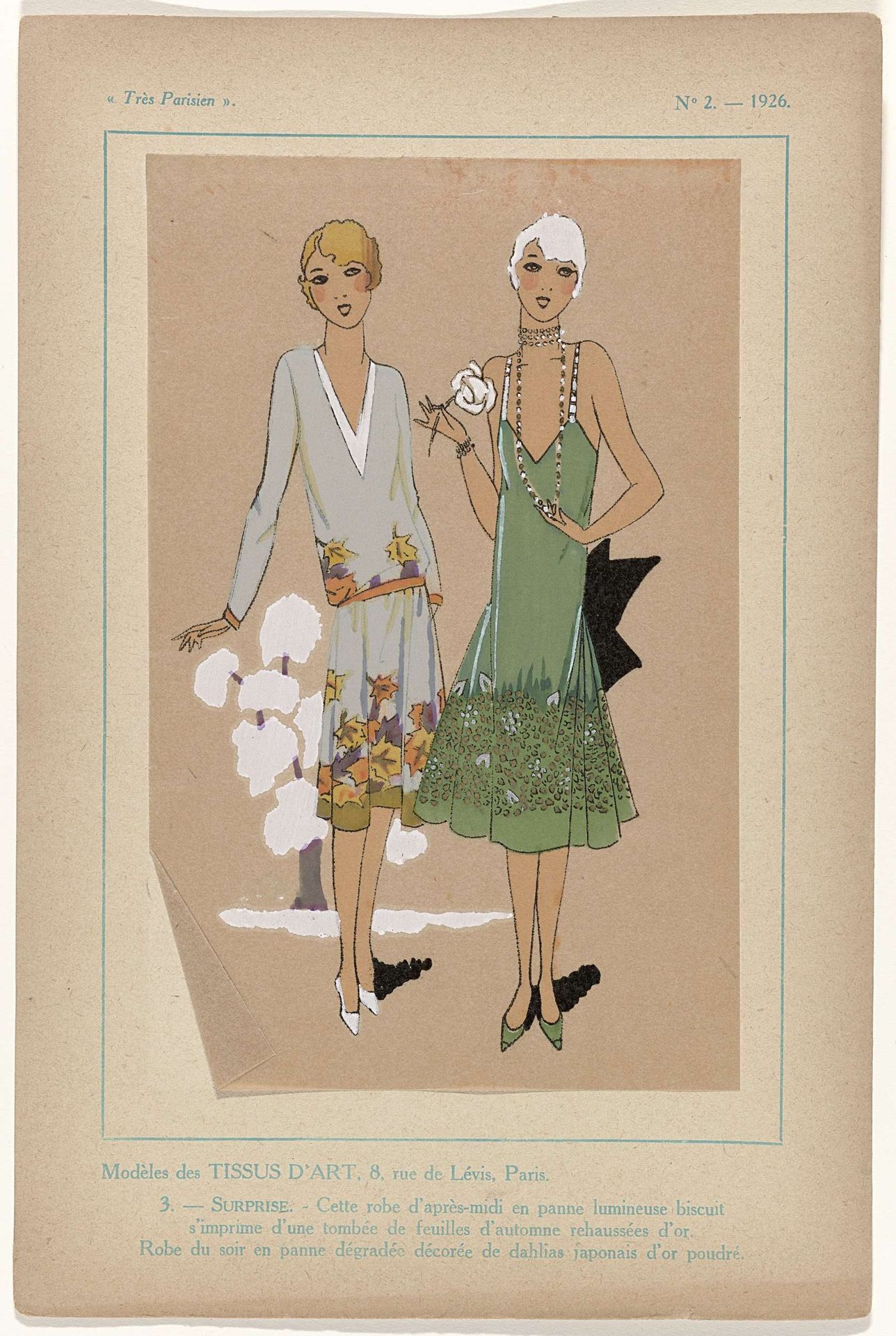 Très Parisien, 1926, No.  2, Pl. 3: Modèles des TISSUS D'ART - SURPRISE by G-P. Joumard