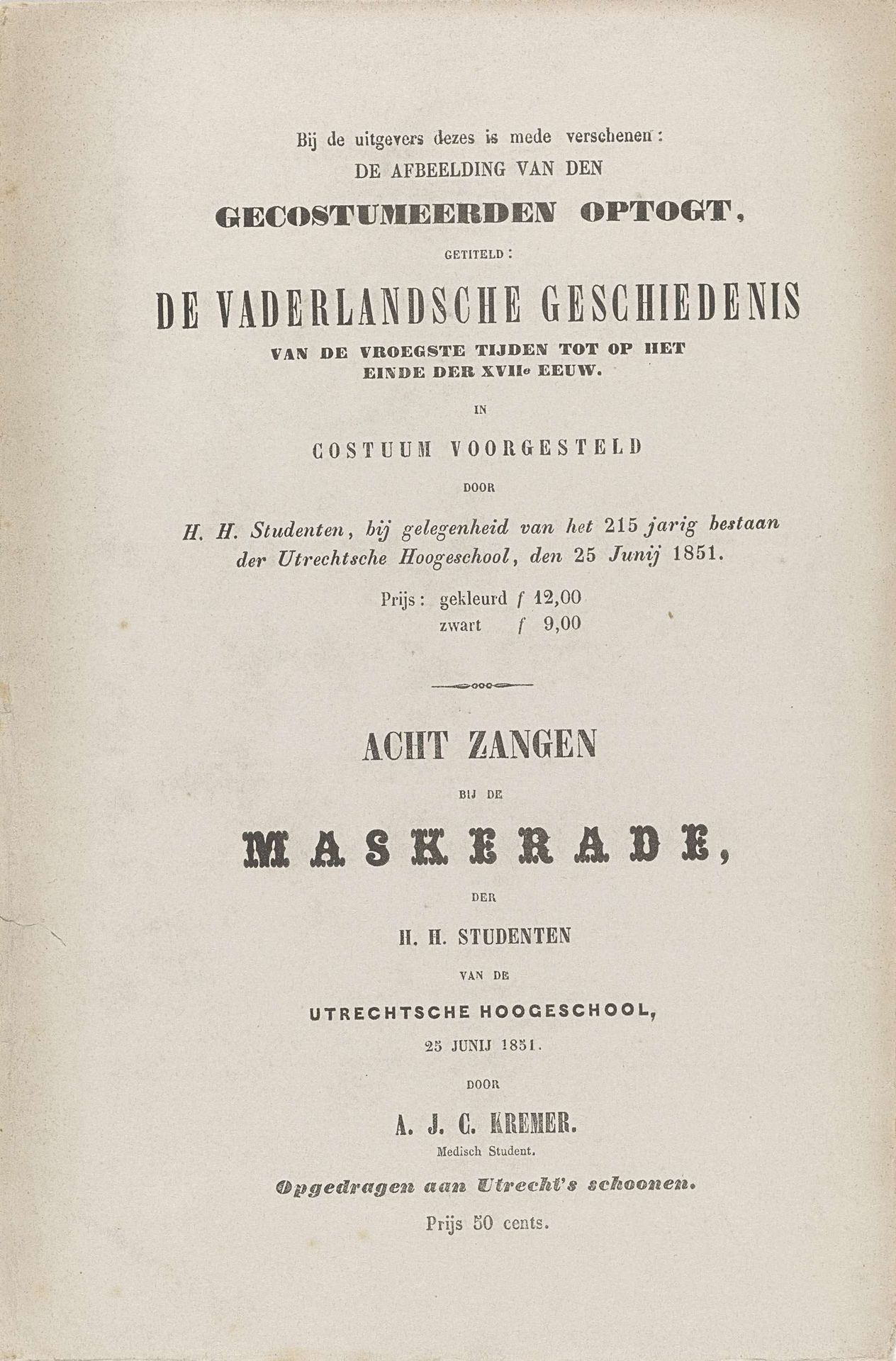Aankondiging van de prentenreeks en van acht zangen van de Utrechtse maskerade van 1851 by Dannenfelser & Doorman