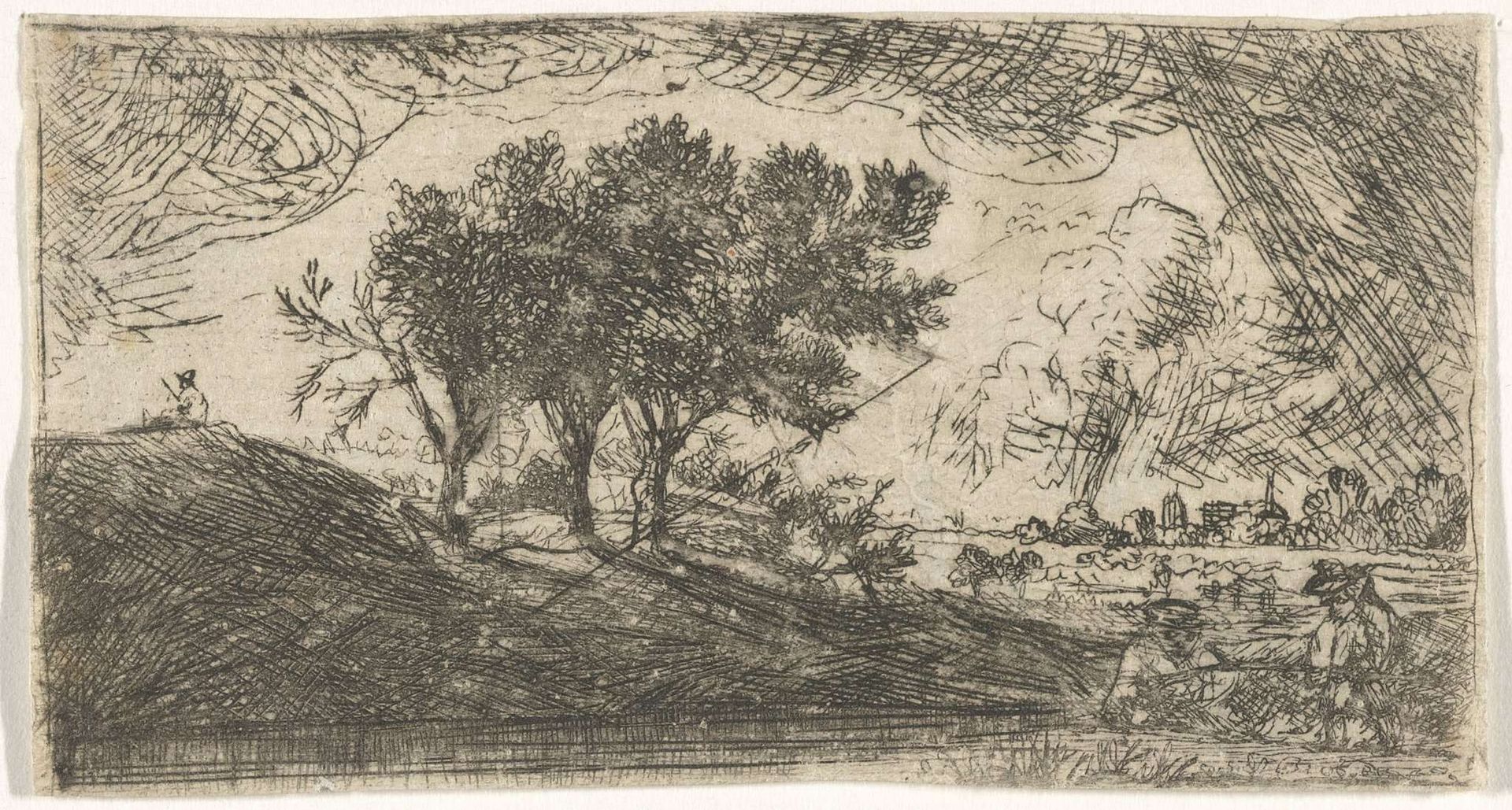 Landschap met drie bomen op een heuvel by Rembrandt van Rijn