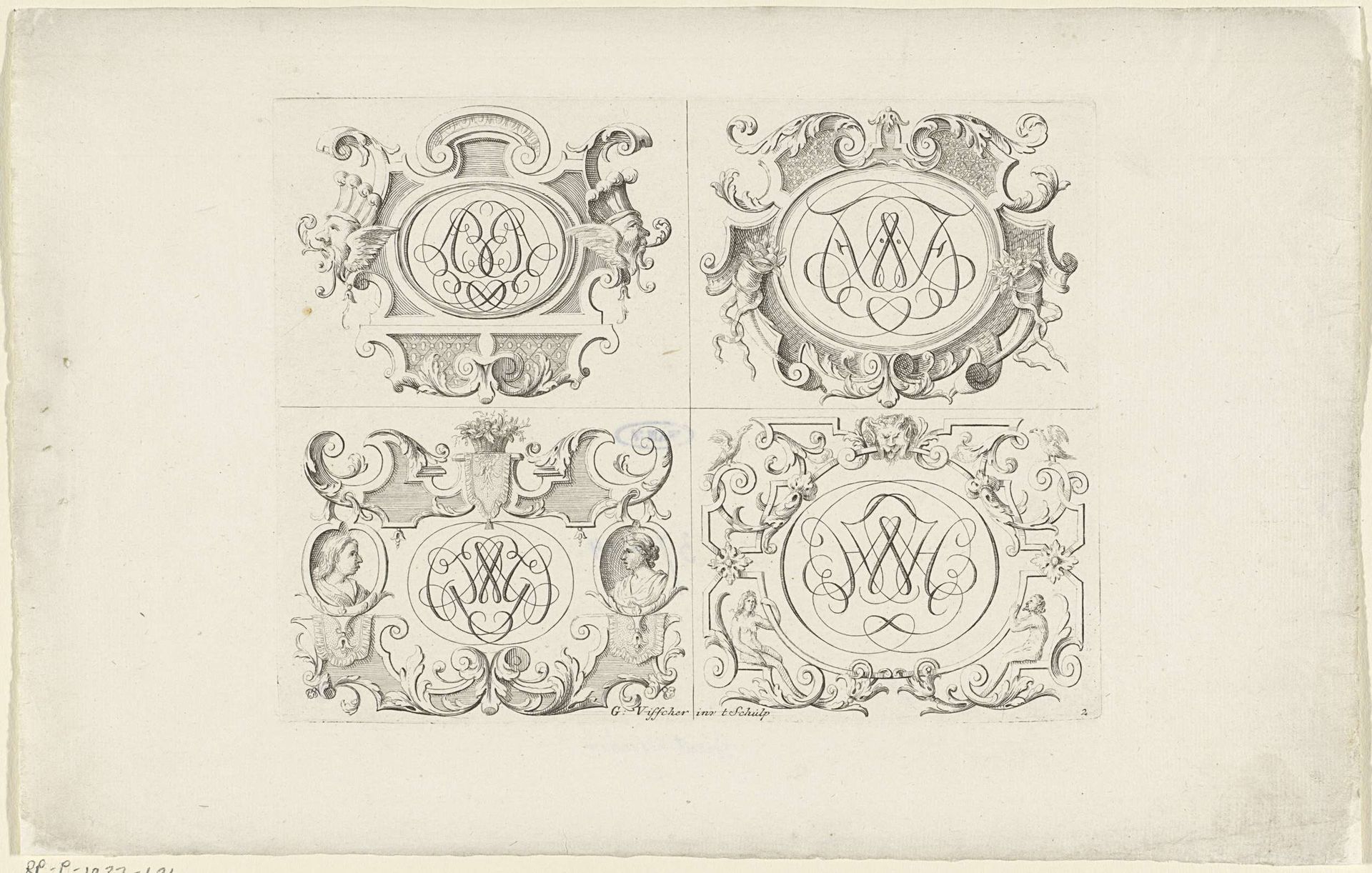 Vier cartouches met monogrammen by Gerrit Visscher