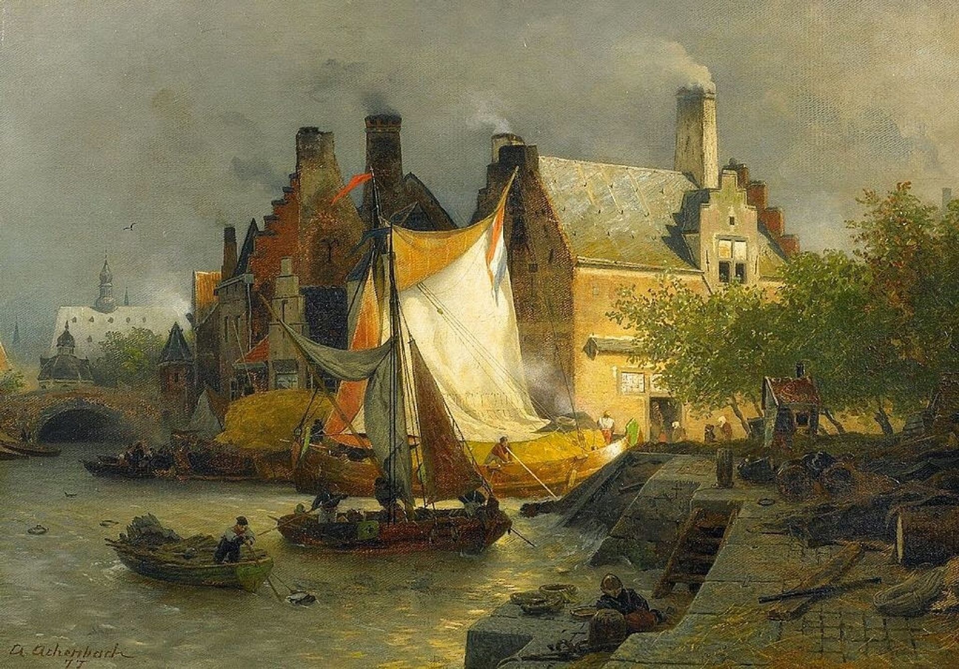 Moored Boats in A Dutch Harbor by Andreas Achenbach