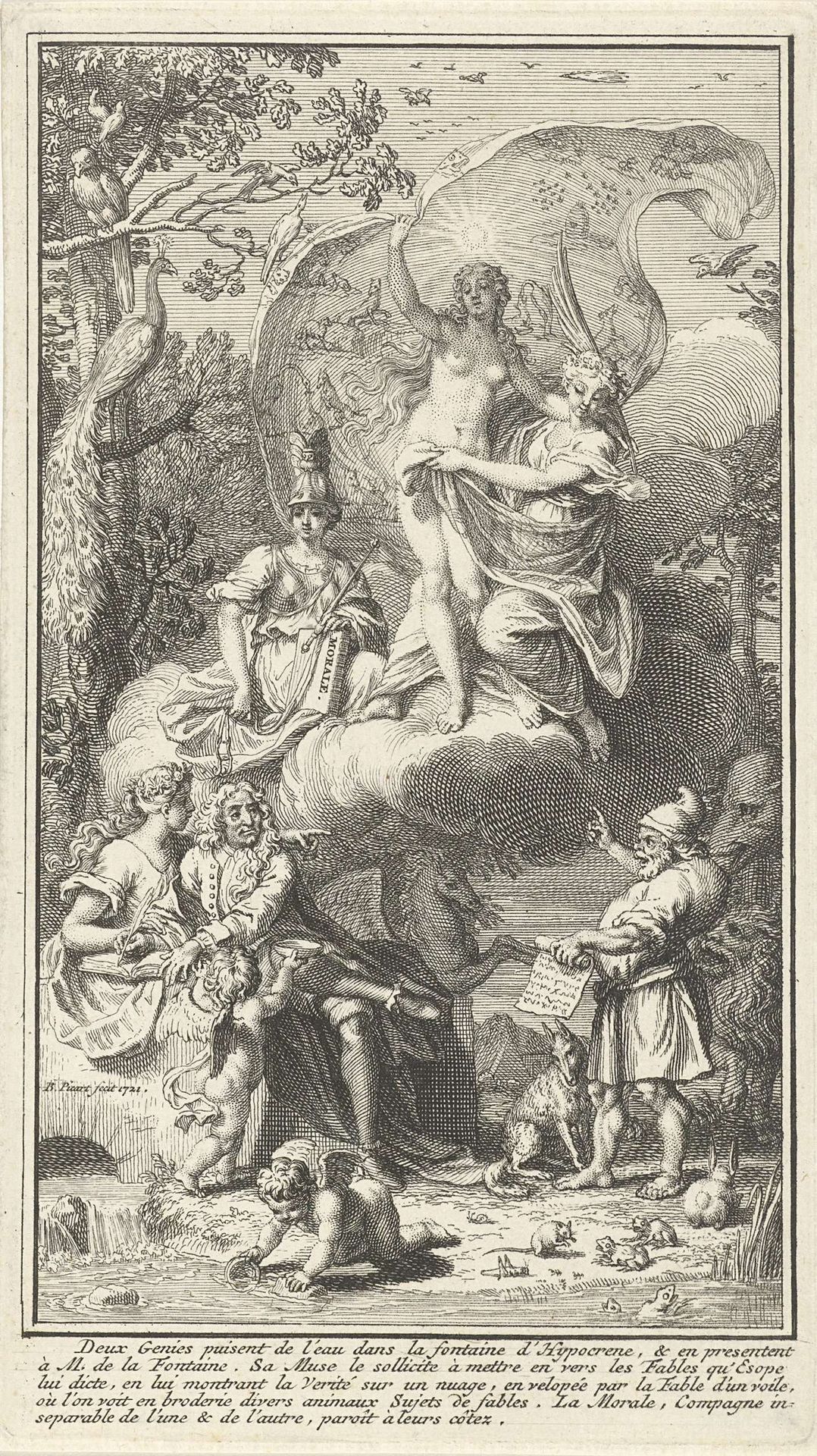 Allegorische titelpagina met de schrijver Jean de La Fontaine en zijn muze by Bernard Picart